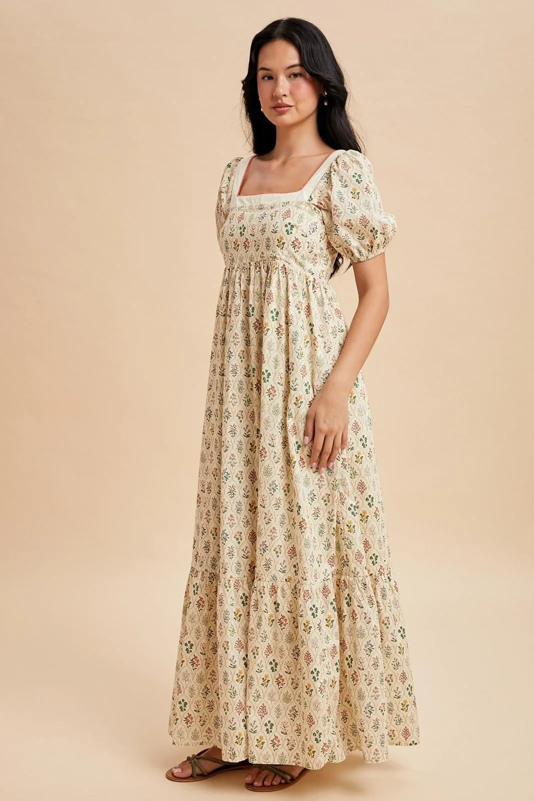 Creme Floral Cotton Puff Sleeve Maxi Dress sold by Pinkblush product image thumbnail 3