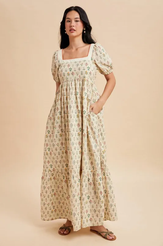 Creme Floral Cotton Puff Sleeve Maxi Dress made by Inloom