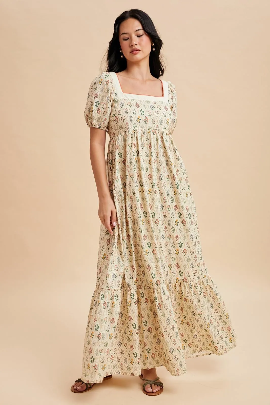 Creme Floral Cotton Puff Sleeve Maxi Dress sold by Pinkblush product image thumbnail 2