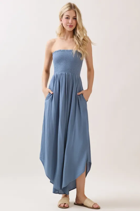 Blue Smocked Strapless Tulip Leg Jumpsuit sold by Pinkblush