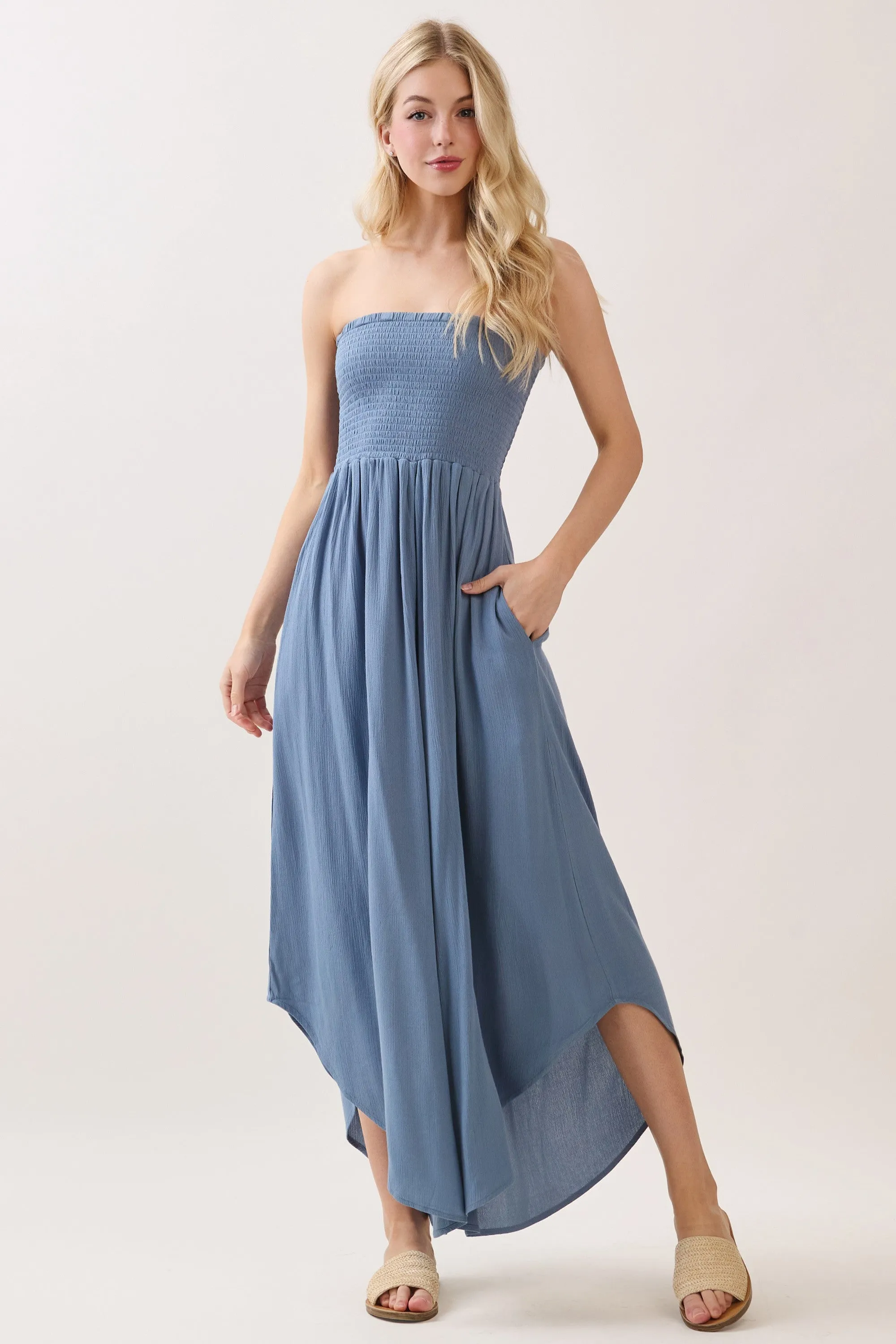 Blue Smocked Strapless Tulip Leg Jumpsuit sold by Pinkblush product image thumbnail 2