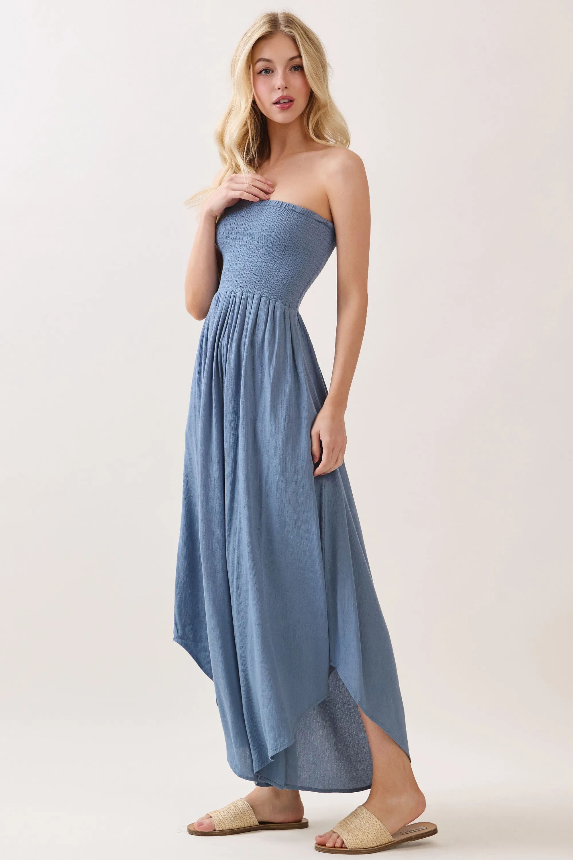 Blue Smocked Strapless Tulip Leg Jumpsuit sold by Pinkblush product image thumbnail 3