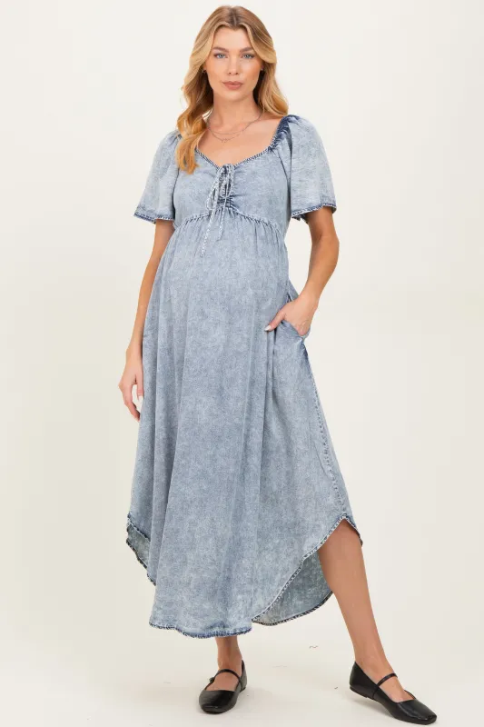 Light Blue Chambray Cinched Tie Bust Maternity Maxi Dress sold by Pinkblush
