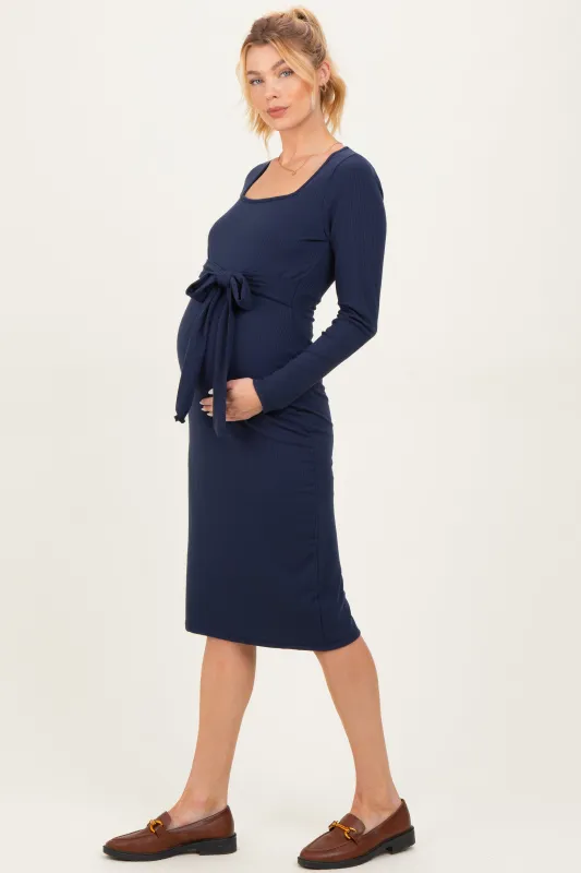 Navy Ribbed Long Sleeve Square Neck Tie Belt Maternity Midi Dress sold by Pinkblush
