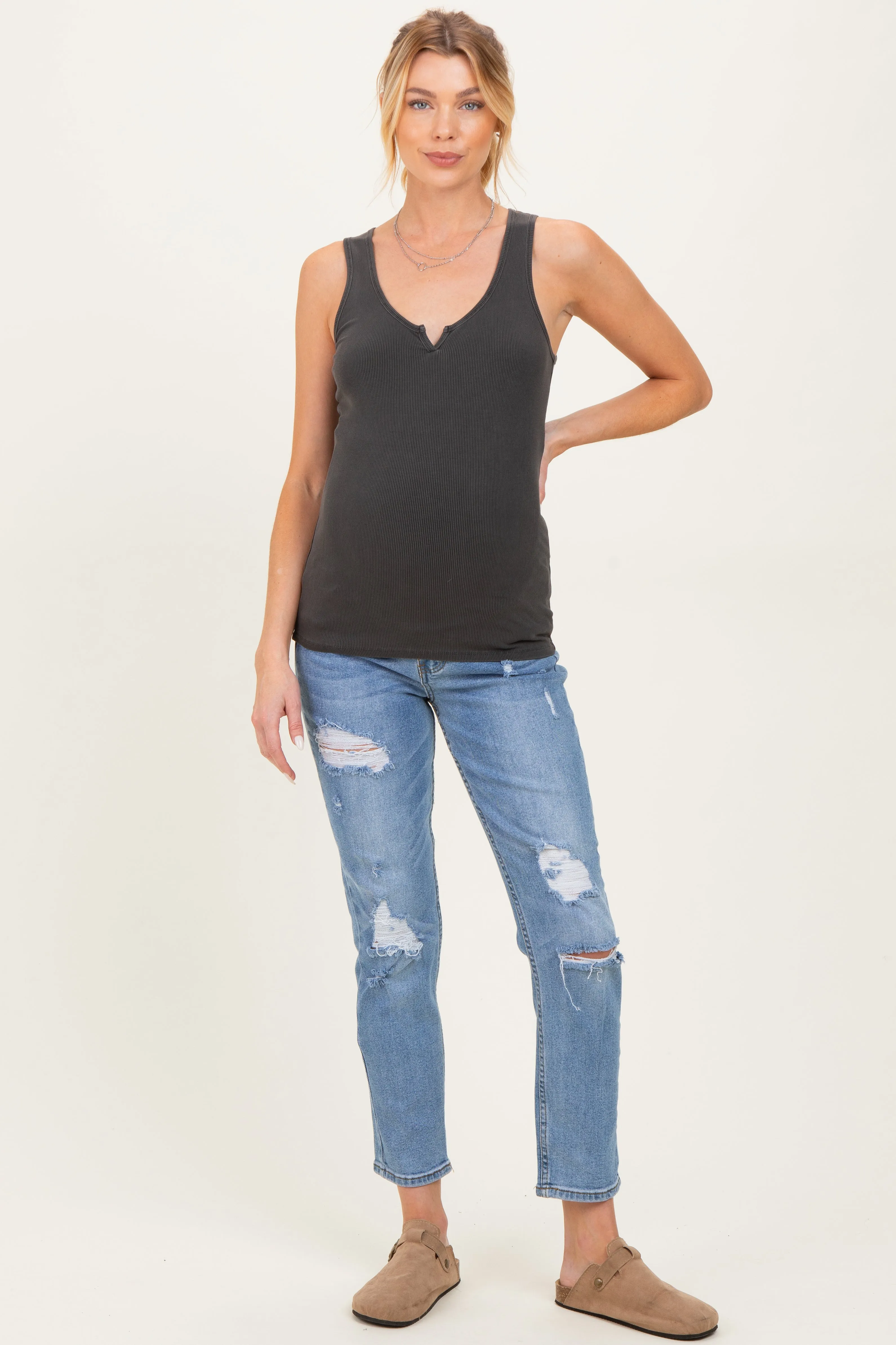 Charcoal Ribbed Split Neck Maternity Tank Top sold by Pinkblush product image thumbnail 3