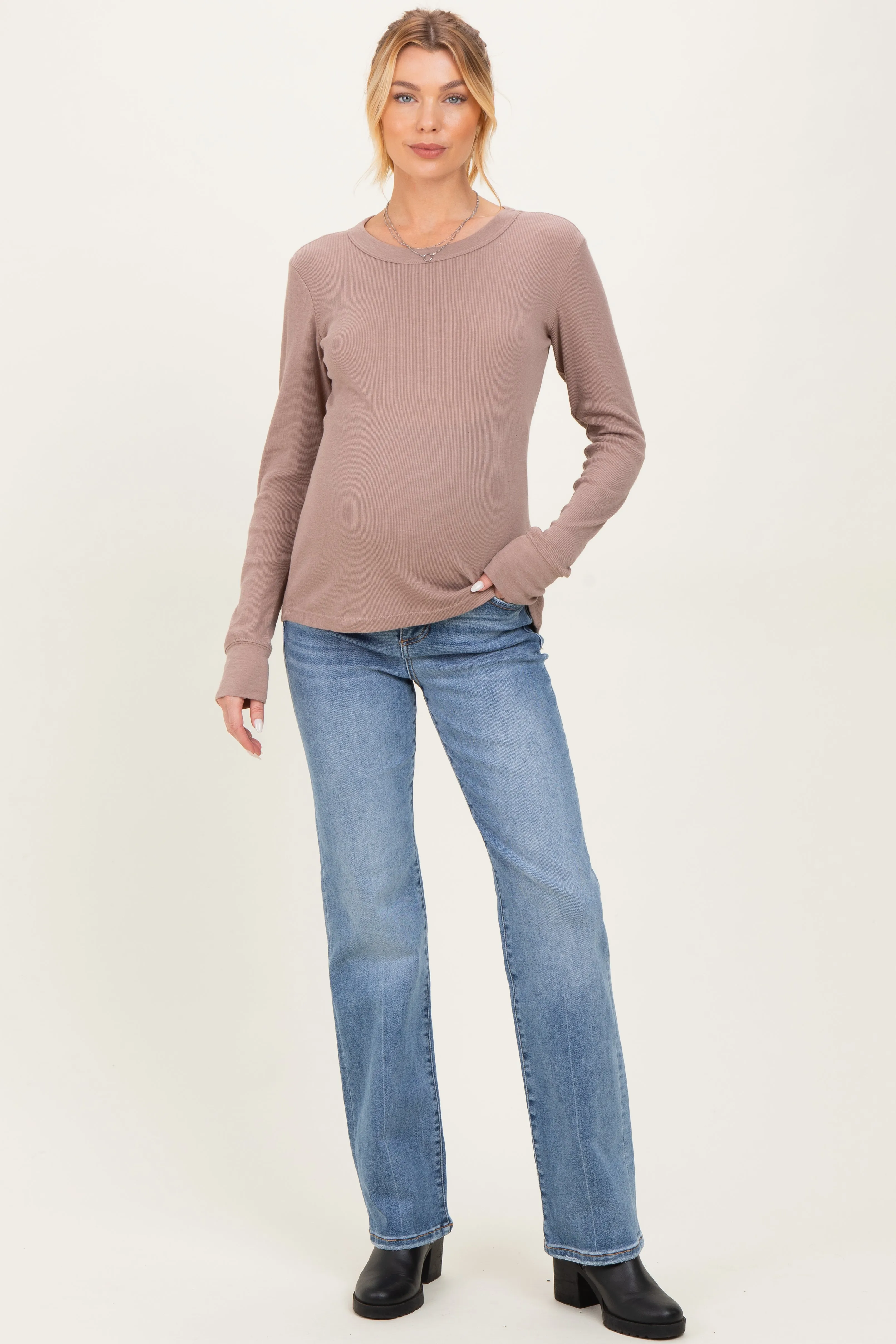 Mocha Ribbed Basic Maternity Long Sleeve Top sold by Pinkblush product image thumbnail 3