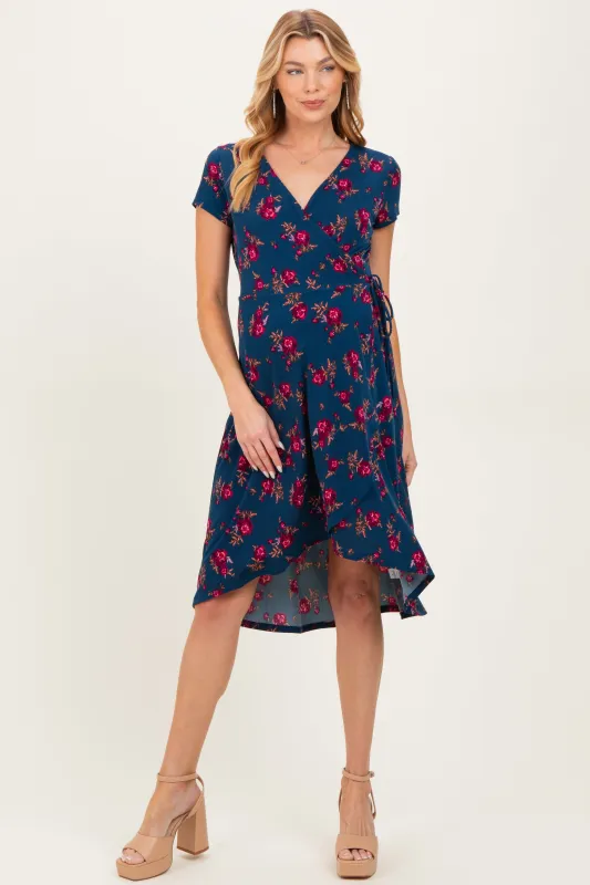Navy Floral Maternity/Nursing Wrap Midi Dress sold by Pinkblush