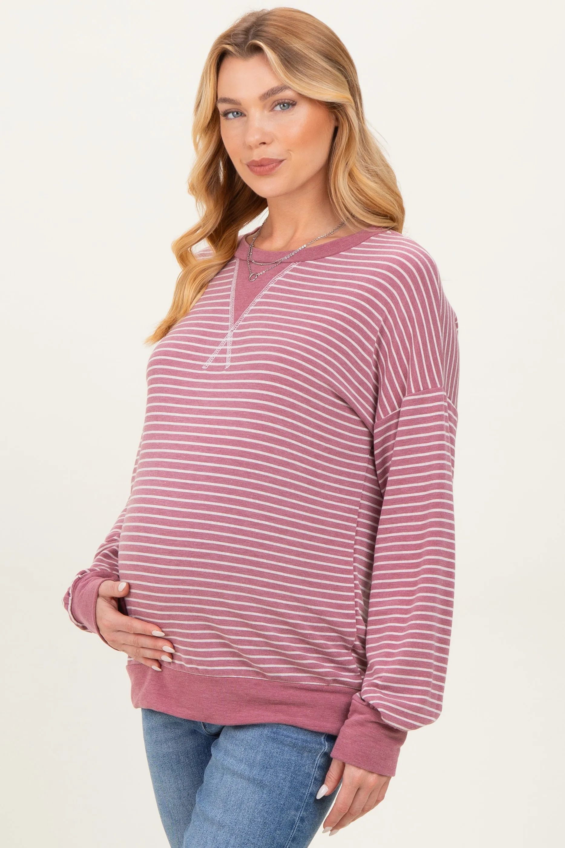 Mauve Striped Crew Neck Pullover Maternity Top sold by Pinkblush product image thumbnail 3