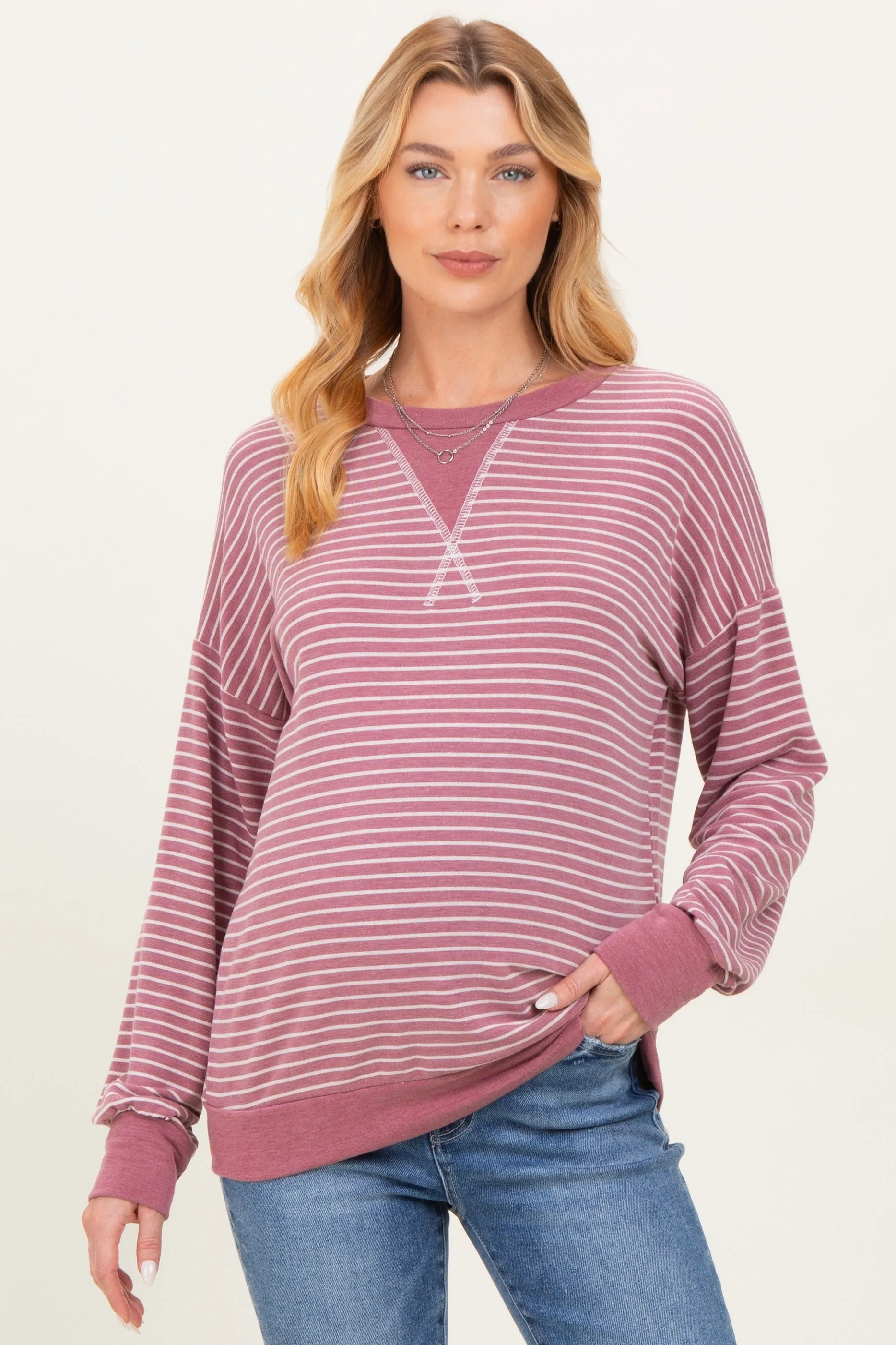 Mauve Striped Crew Neck Pullover Maternity Top sold by Pinkblush