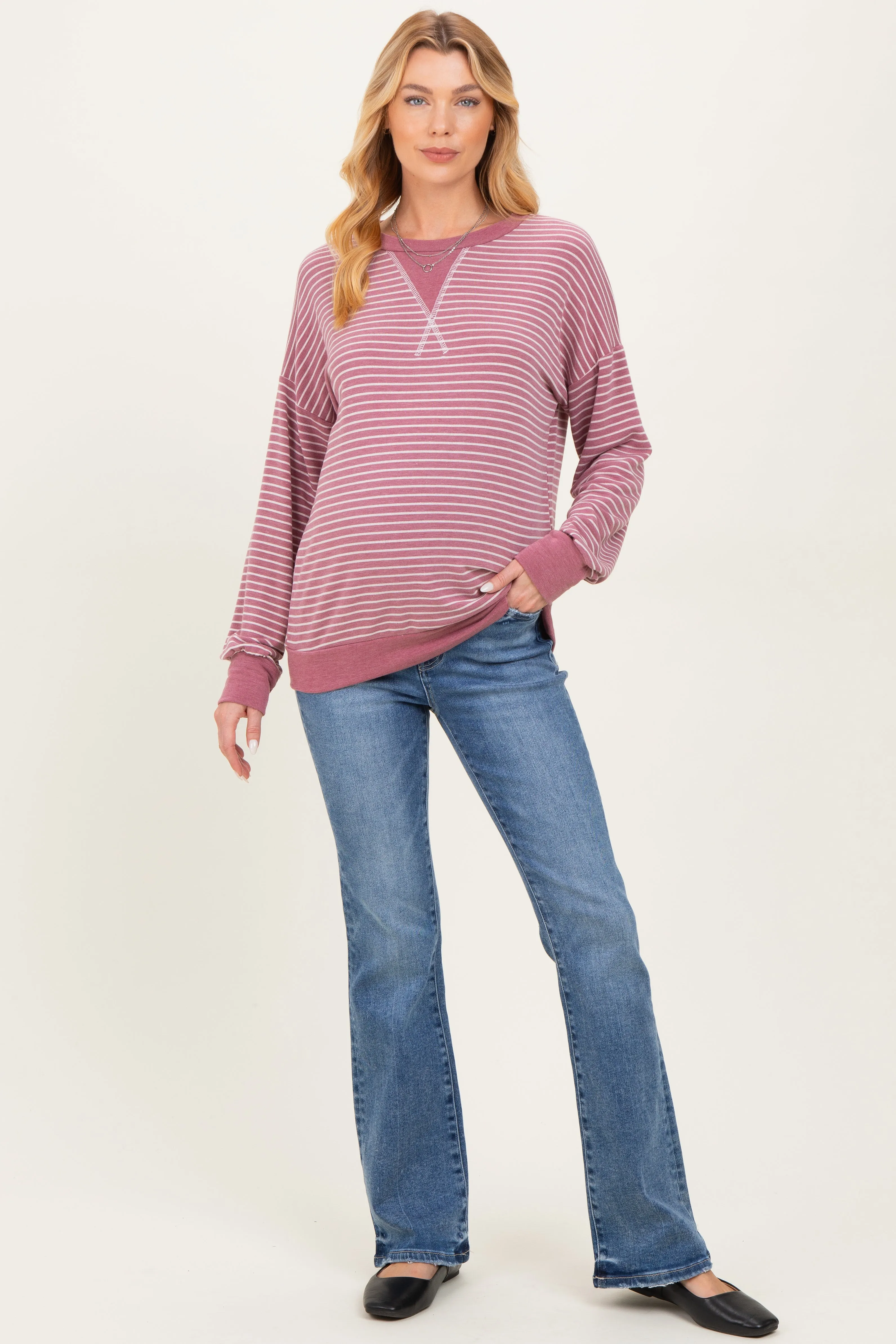 Mauve Striped Crew Neck Pullover Maternity Top sold by Pinkblush product image thumbnail 2