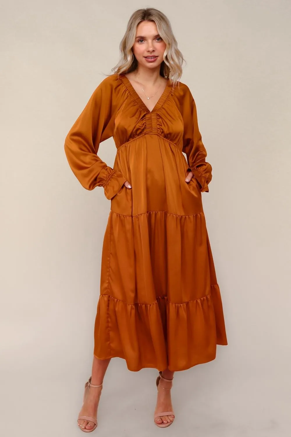 Rust Solid V-Neck Satin Long Sleeve Maternity Maxi Dress sold by Pinkblush product image thumbnail 5