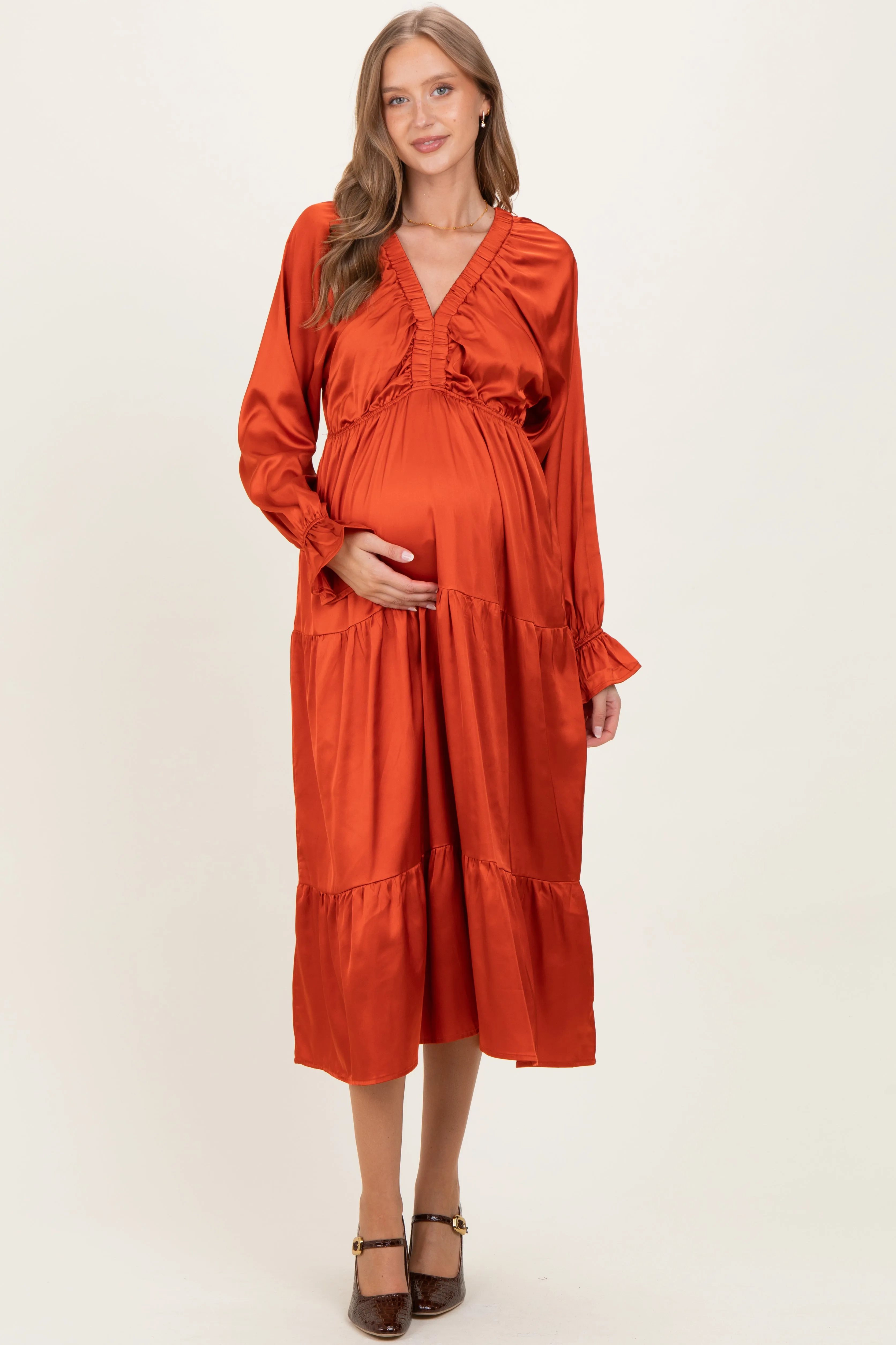 Rust Solid V-Neck Satin Long Sleeve Maternity Maxi Dress sold by Pinkblush product image thumbnail 2