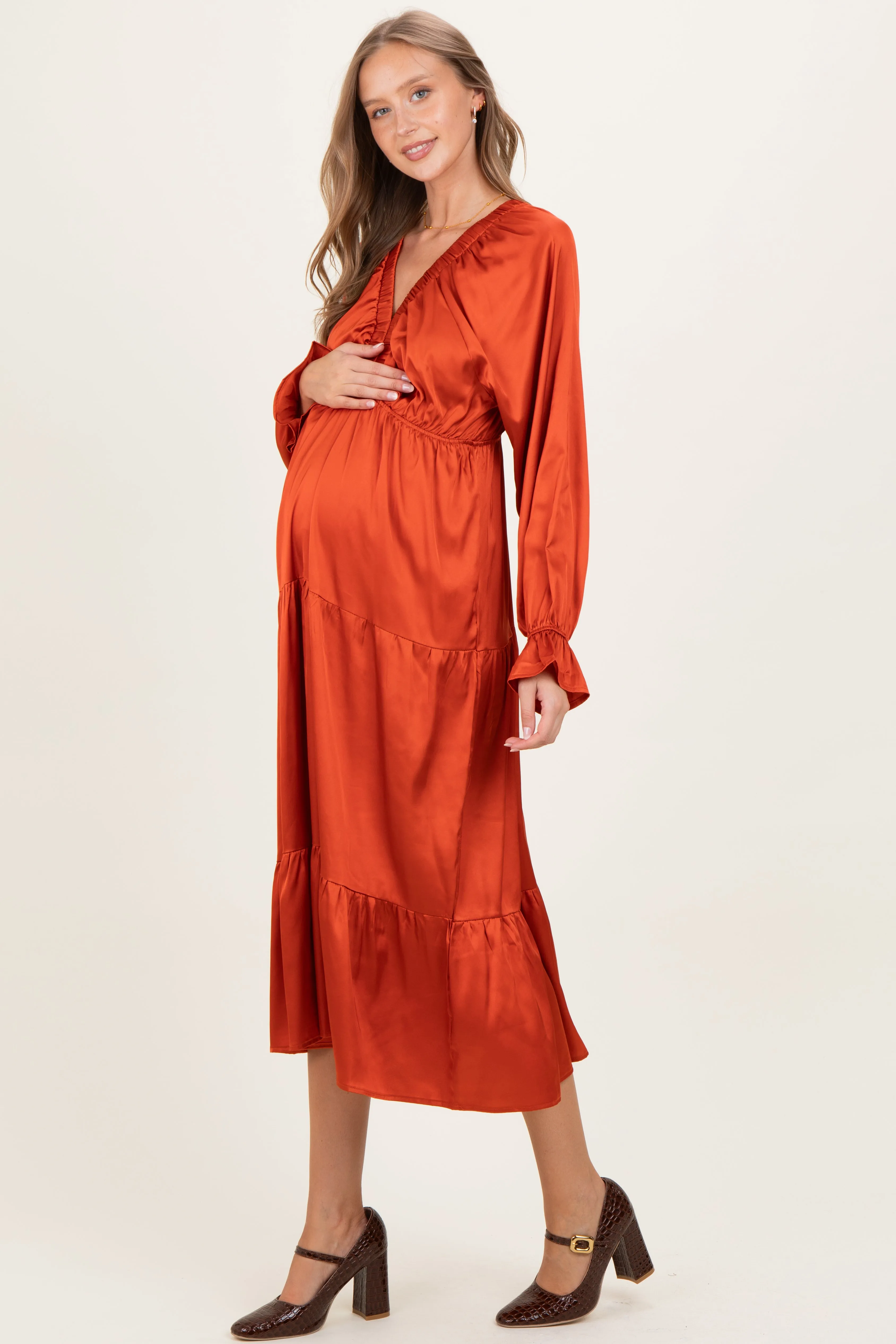 Rust Solid V-Neck Satin Long Sleeve Maternity Maxi Dress sold by Pinkblush product image thumbnail 3