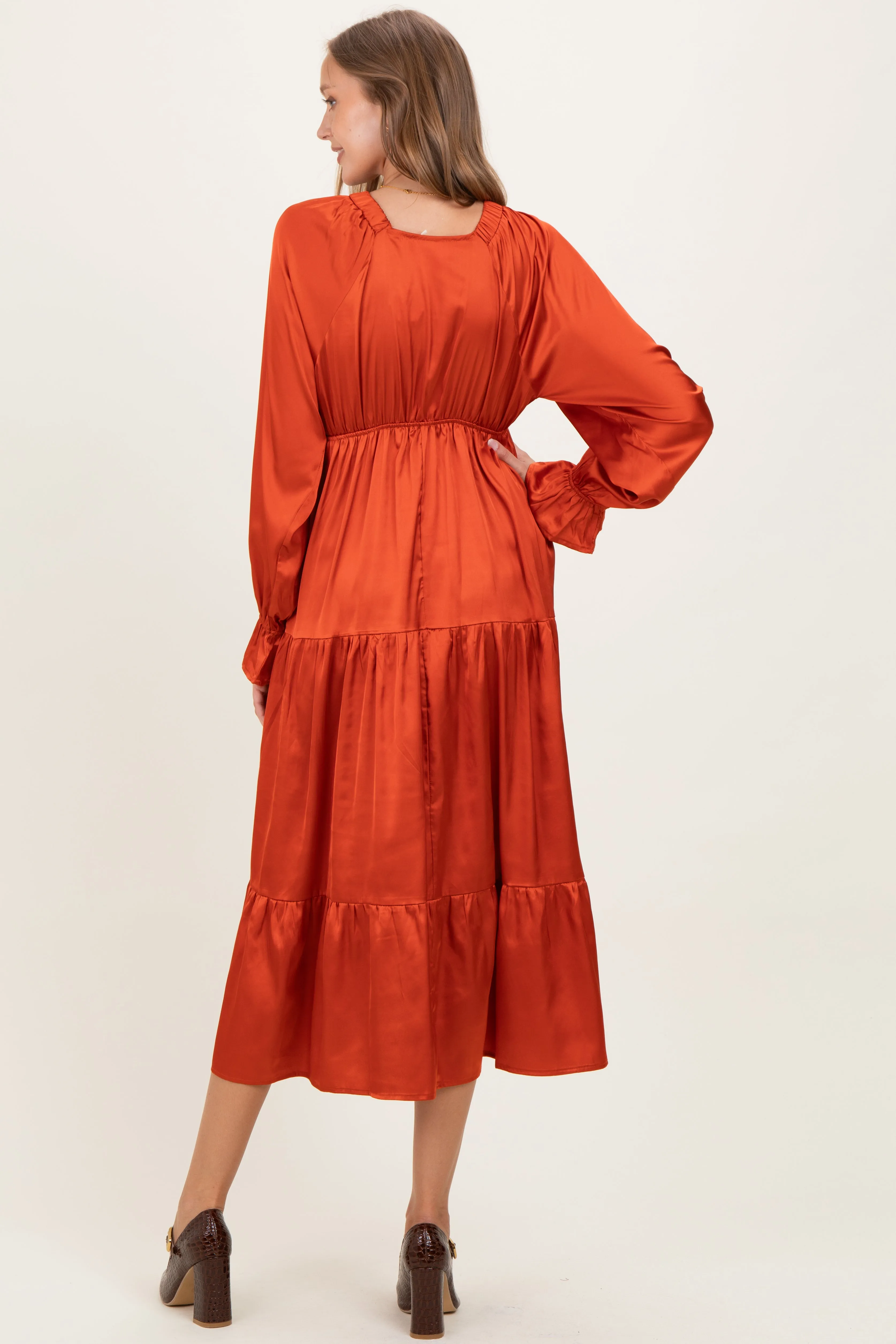 Rust Solid V-Neck Satin Long Sleeve Maternity Maxi Dress sold by Pinkblush product image thumbnail 4