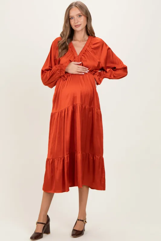 Rust Solid V-Neck Satin Long Sleeve Maternity Maxi Dress sold by Pinkblush