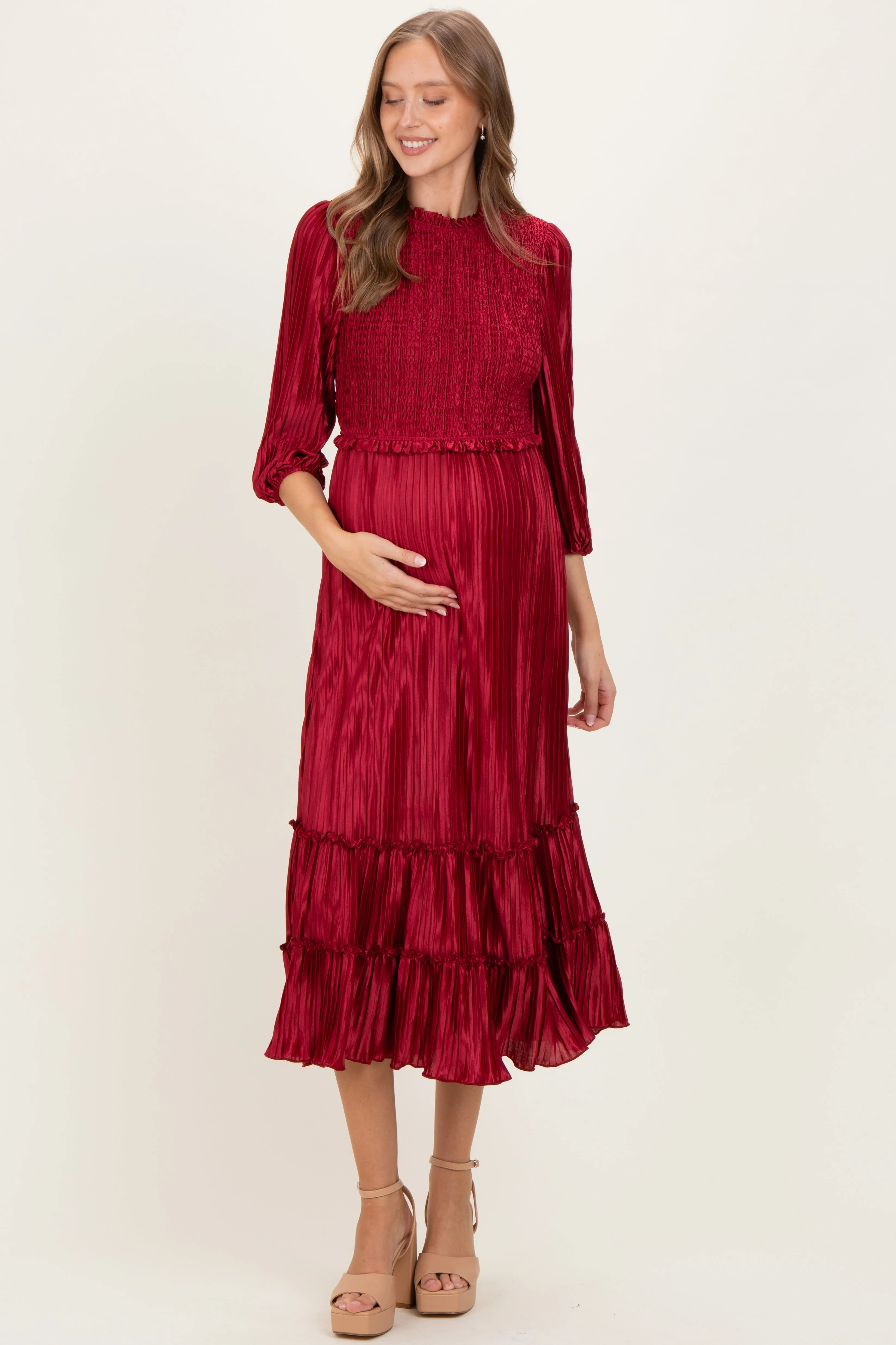 Burgundy Pleated Satin Smocked Bodice Maternity Midi Dress sold by Pinkblush product image thumbnail 2