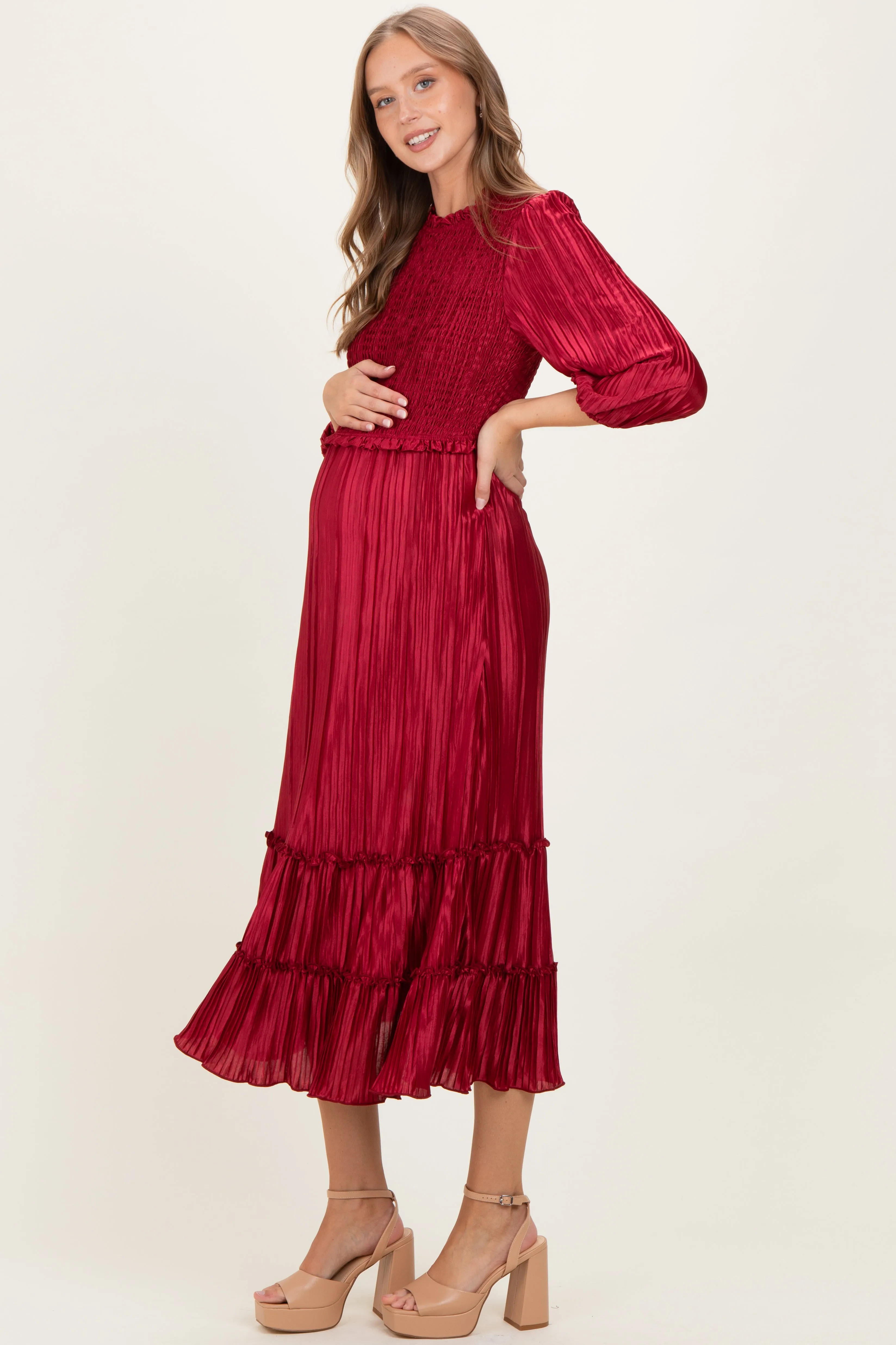 Burgundy Pleated Satin Smocked Bodice Maternity Midi Dress sold by Pinkblush product image thumbnail 3