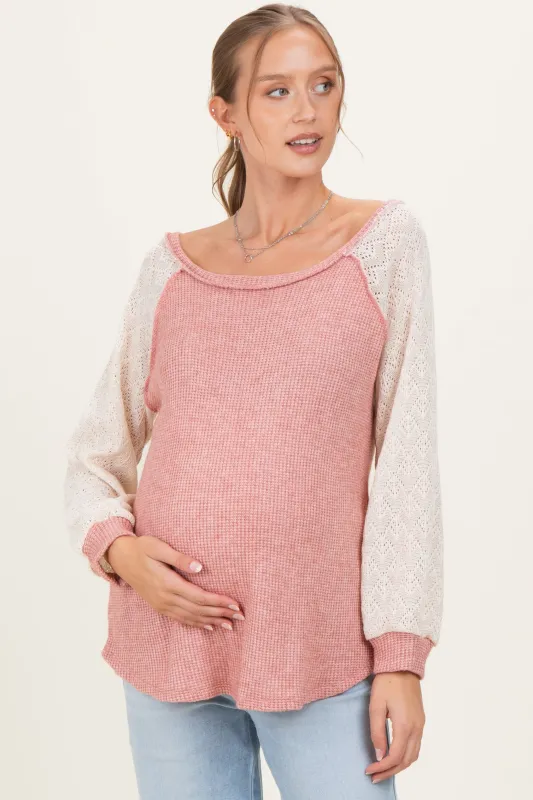 Mauve Puff Sleeve Solid Color Block Maternity Top sold by Pinkblush