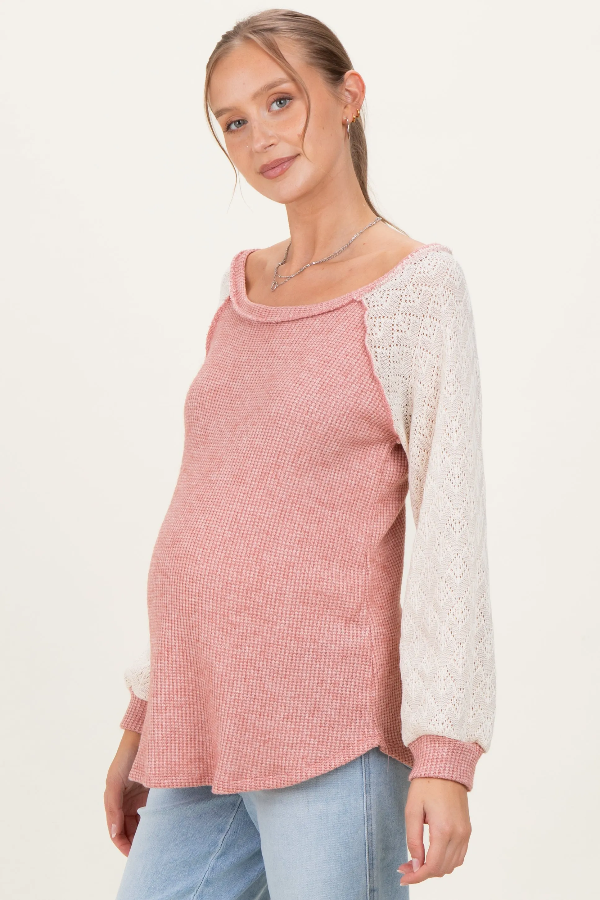 Mauve Puff Sleeve Solid Color Block Maternity Top sold by Pinkblush product image thumbnail 2