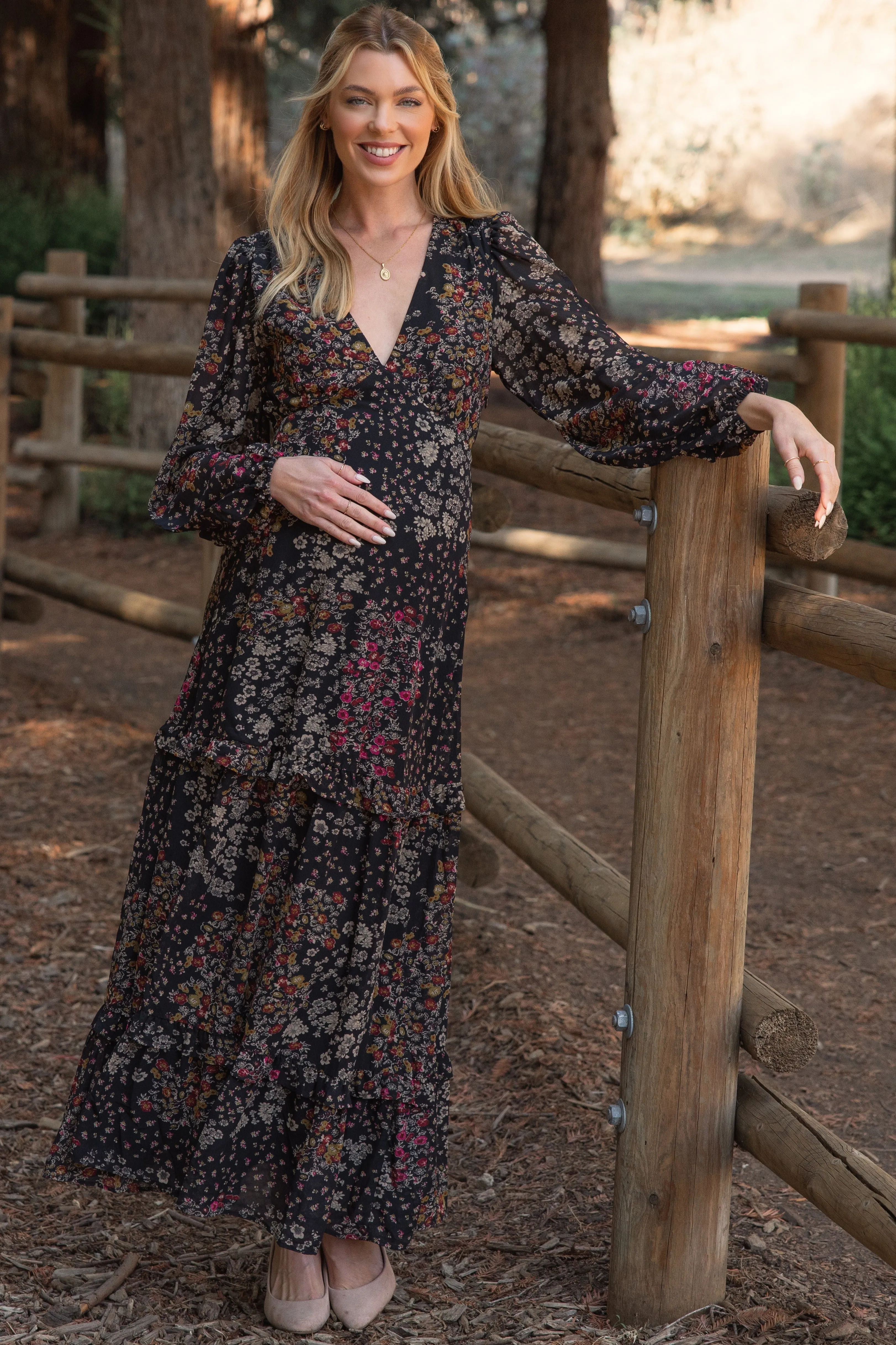 Black Floral Chiffon V-Neck Long Sleeve Maternity Maxi Dress sold by Pinkblush product image thumbnail 2
