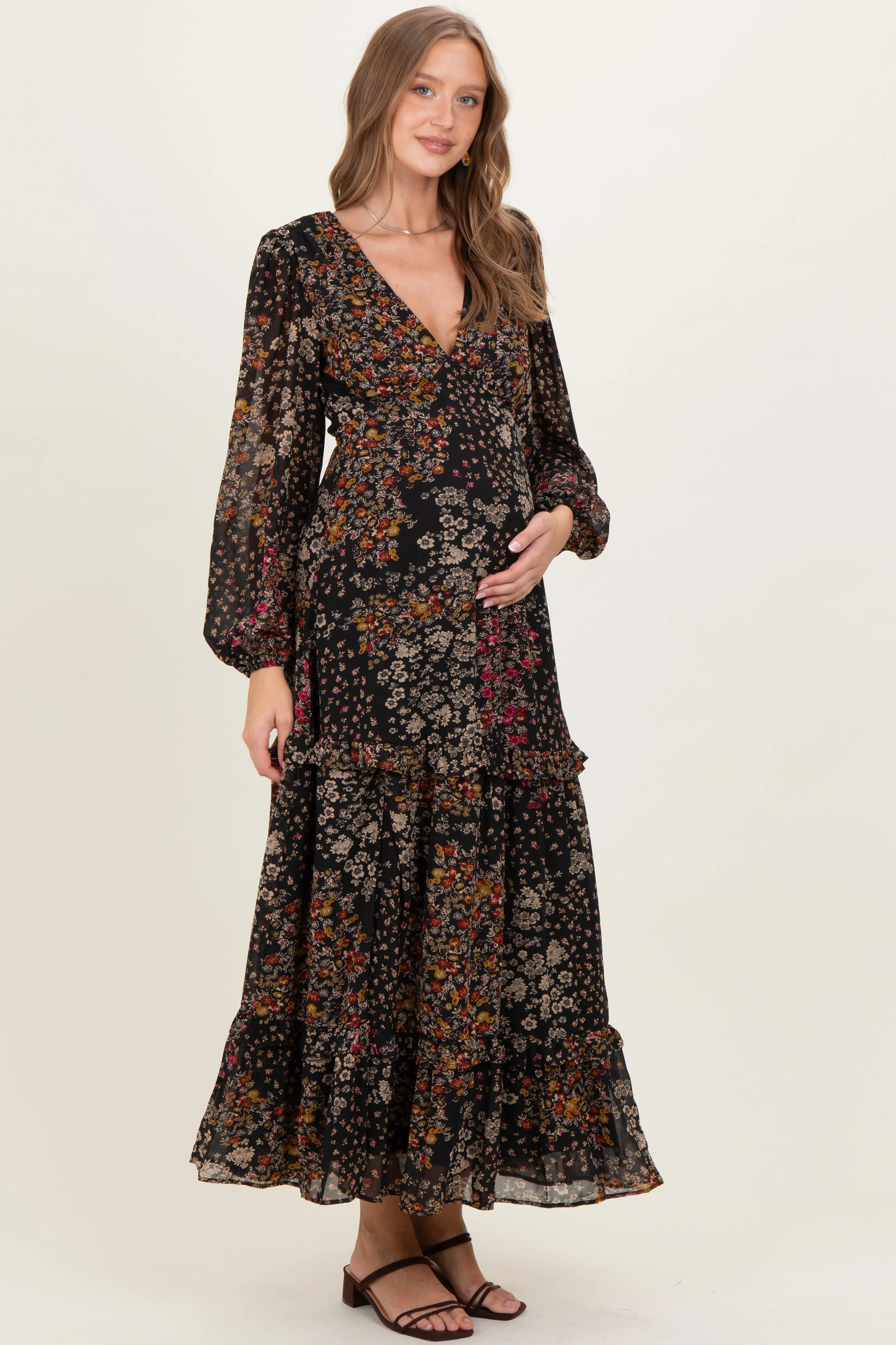 Black Floral Chiffon V-Neck Long Sleeve Maternity Maxi Dress sold by Pinkblush product image thumbnail 3