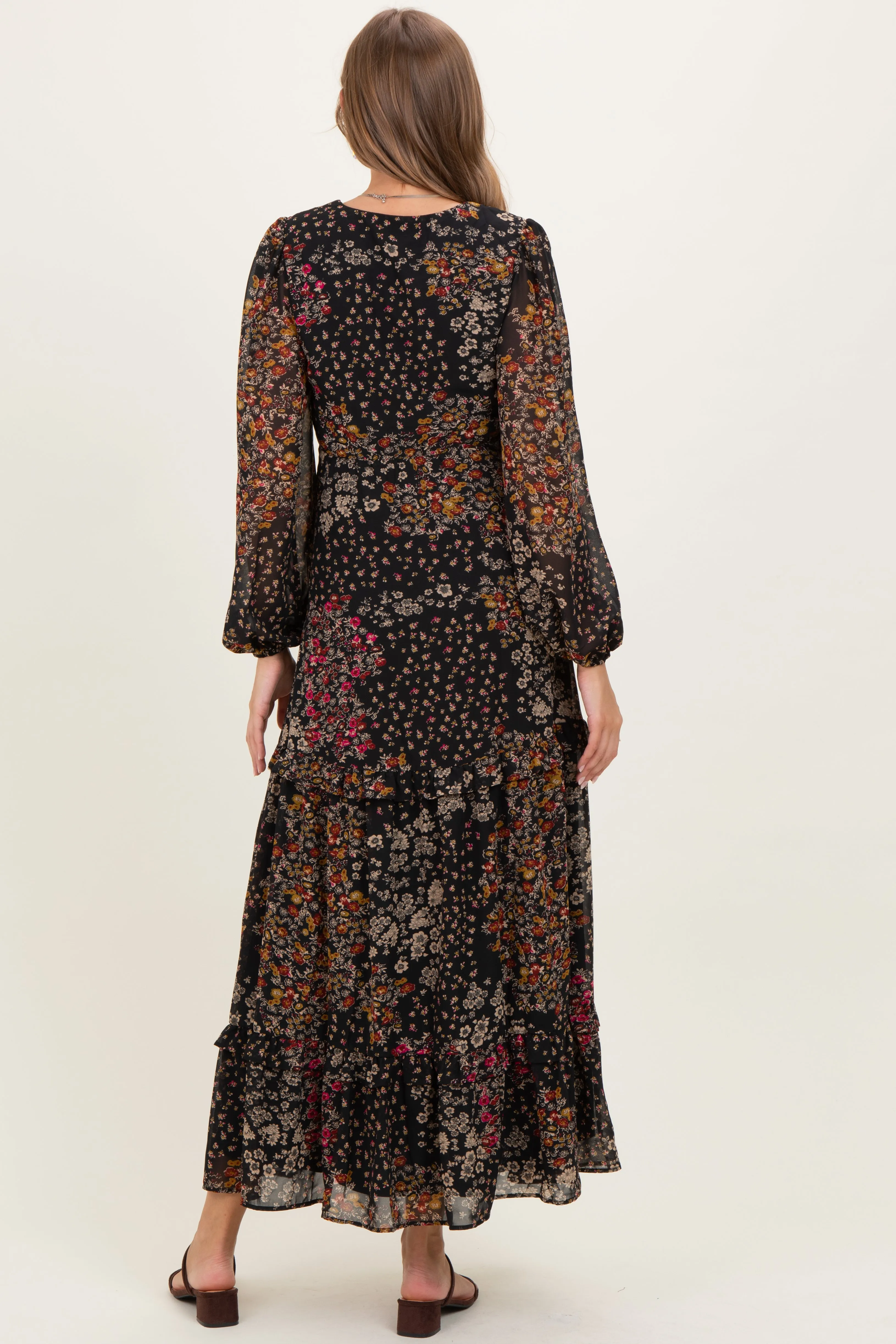Black Floral Chiffon V-Neck Long Sleeve Maternity Maxi Dress sold by Pinkblush product image thumbnail 4