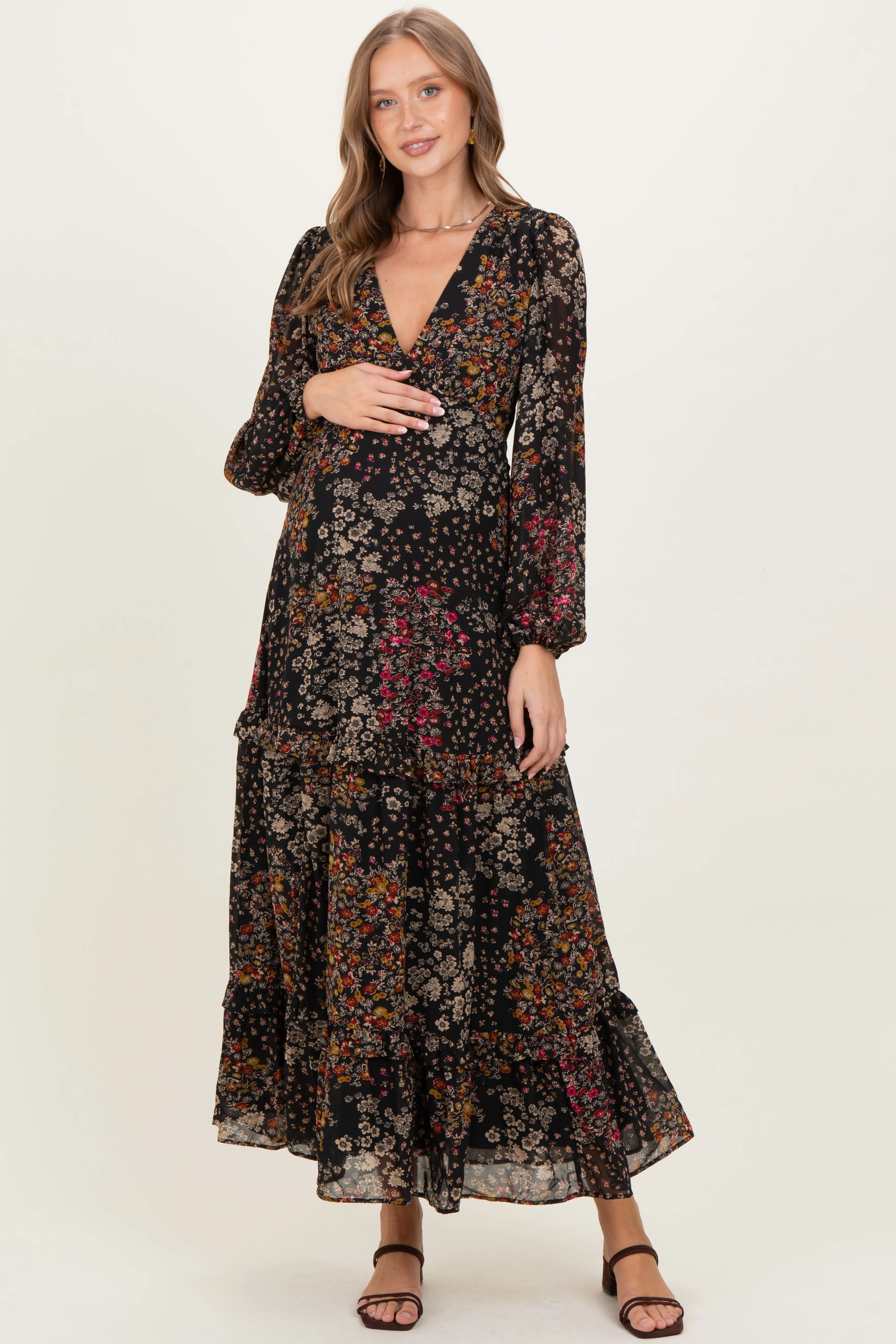 Black Floral Chiffon V-Neck Long Sleeve Maternity Maxi Dress sold by Pinkblush