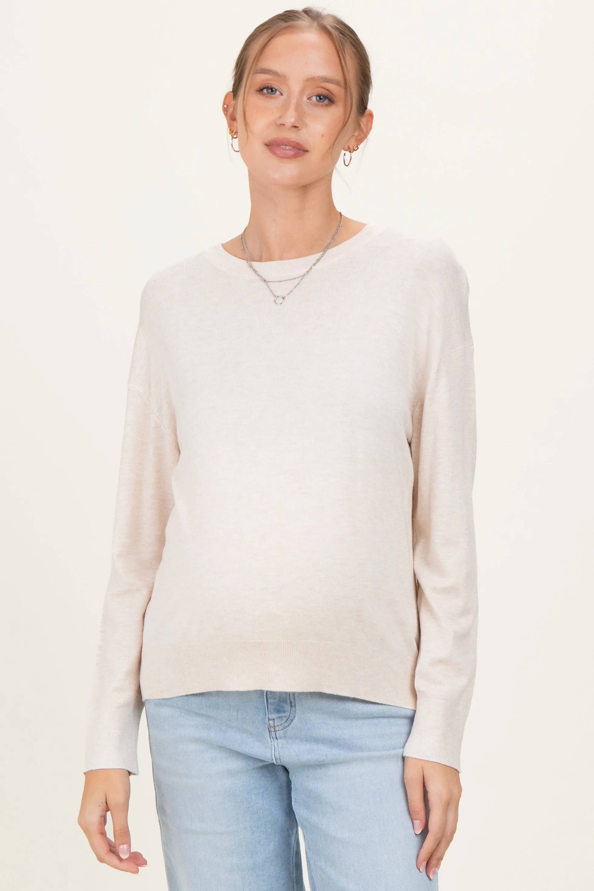 Oatmeal Classic Crew Neck Maternity Sweater sold by Pinkblush