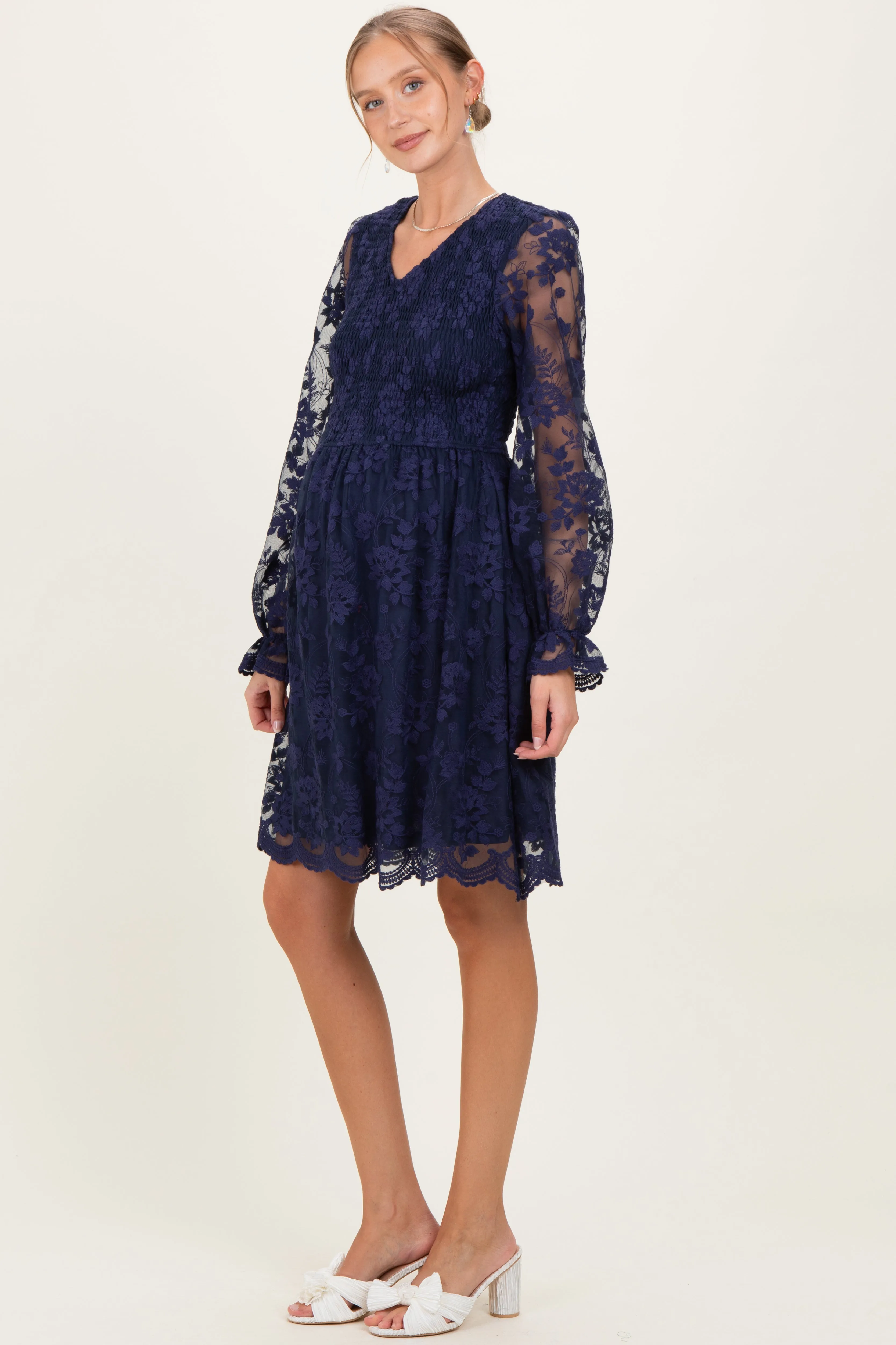Navy Embroidered Lace Smocked Long Sleeve Maternity Dress sold by Pinkblush product image thumbnail 3