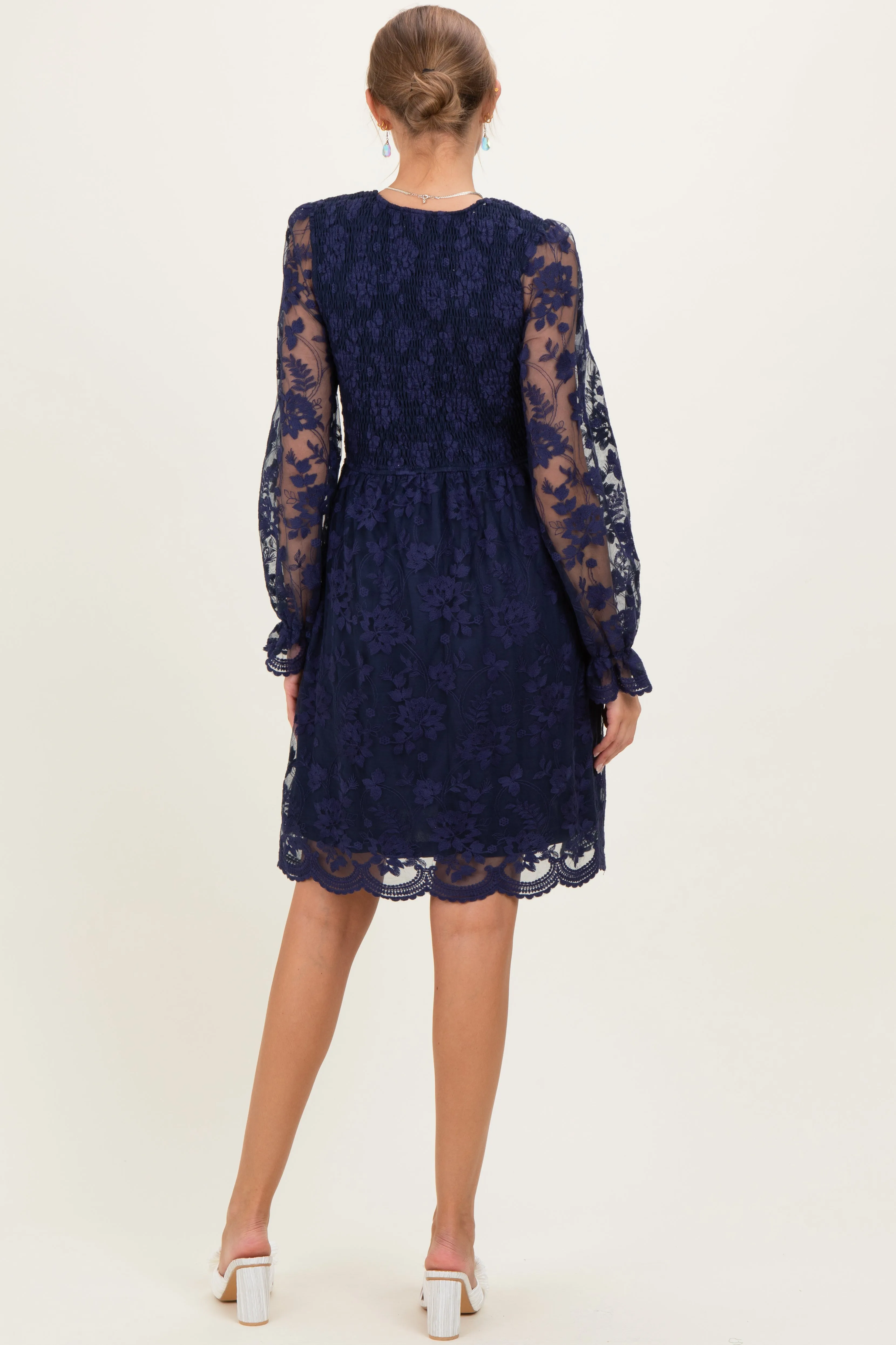 Navy Embroidered Lace Smocked Long Sleeve Maternity Dress sold by Pinkblush product image thumbnail 4