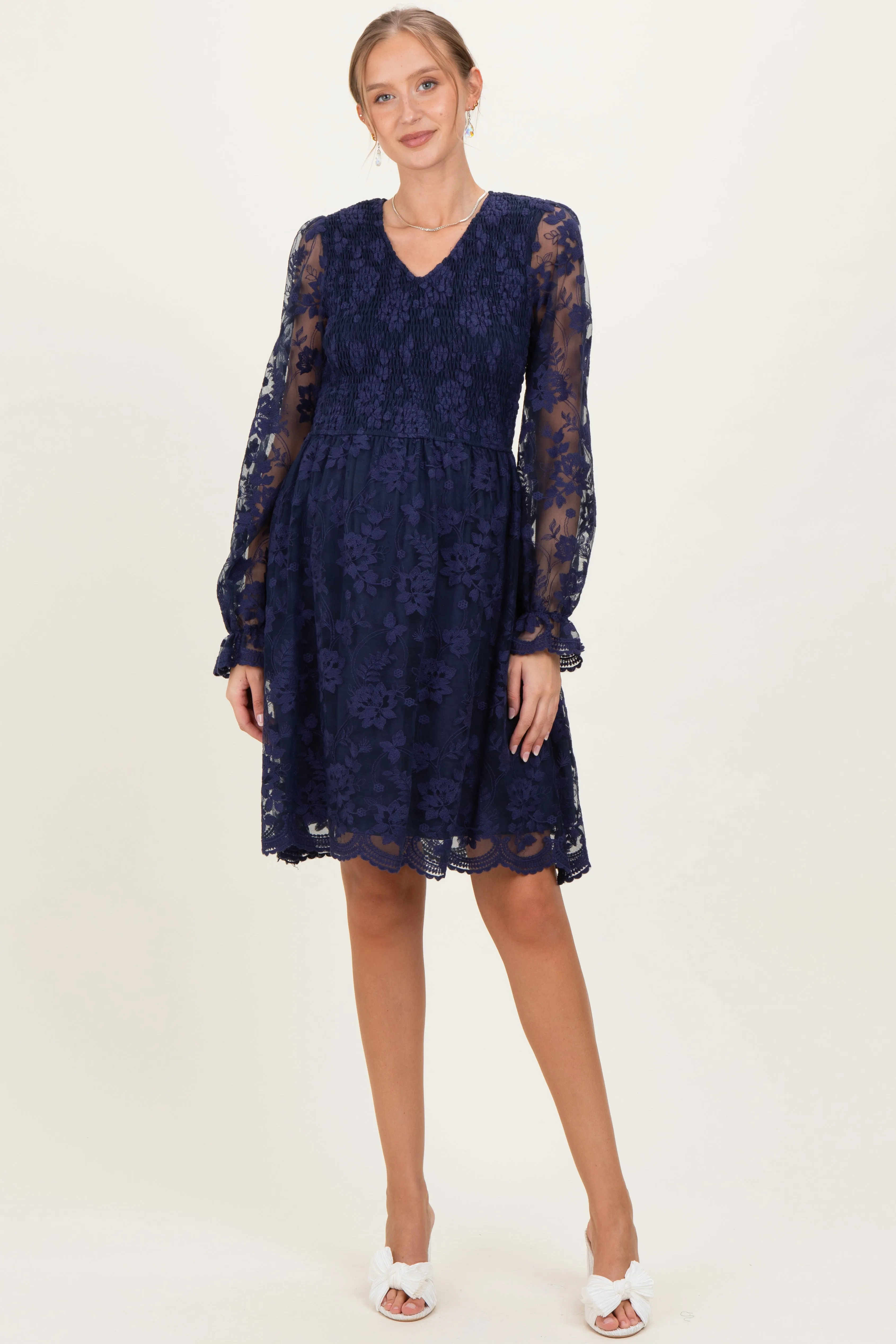 Navy Embroidered Lace Smocked Long Sleeve Maternity Dress sold by Pinkblush