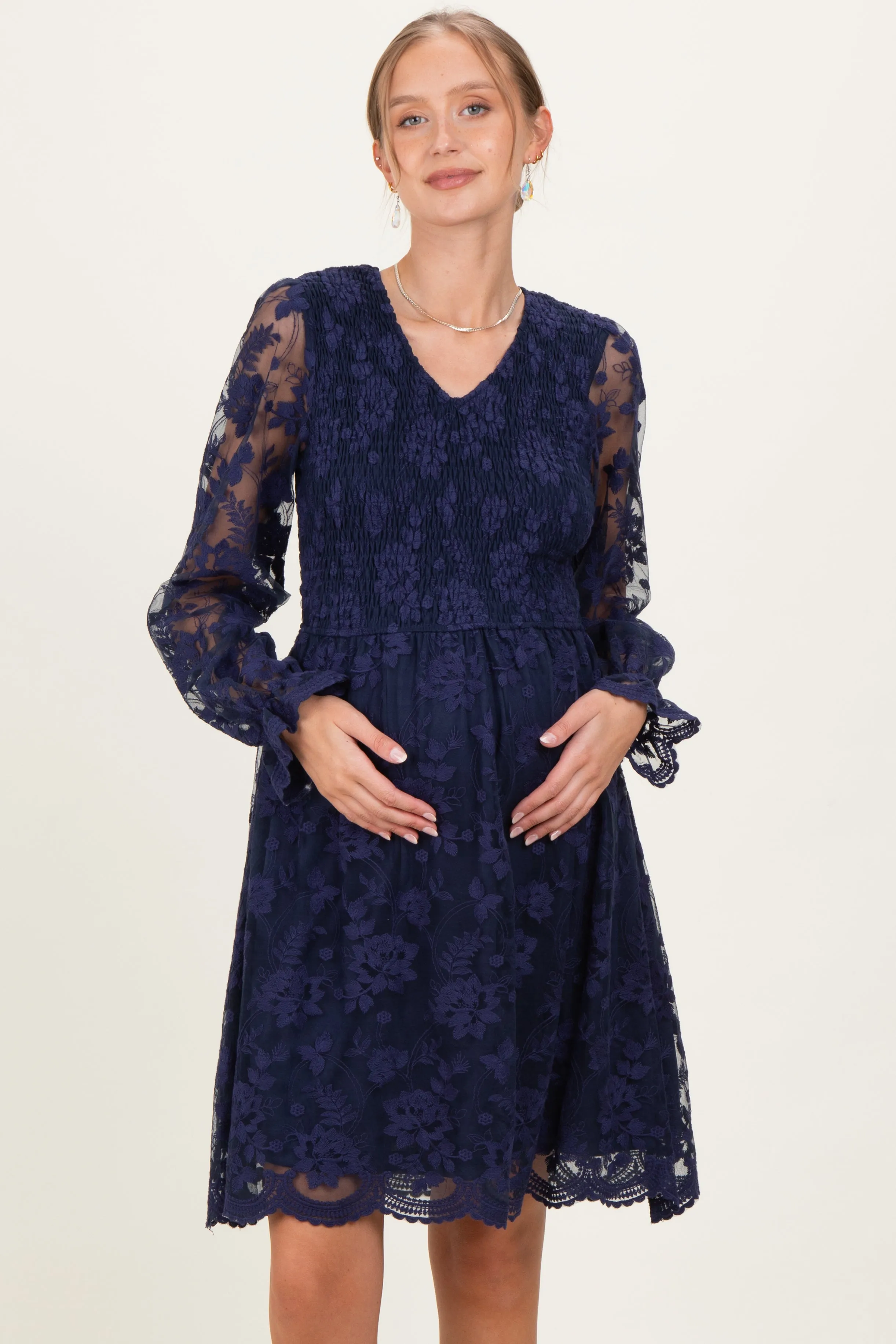 Navy Embroidered Lace Smocked Long Sleeve Maternity Dress sold by Pinkblush product image thumbnail 2