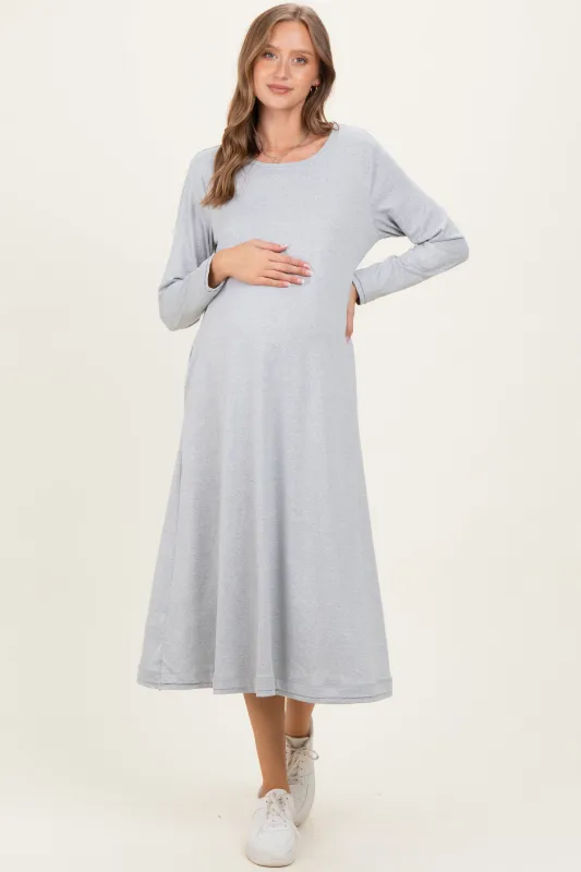 Heather Grey Relaxed Fit Long Sleeve Basic Maternity Dress sold by Pinkblush
