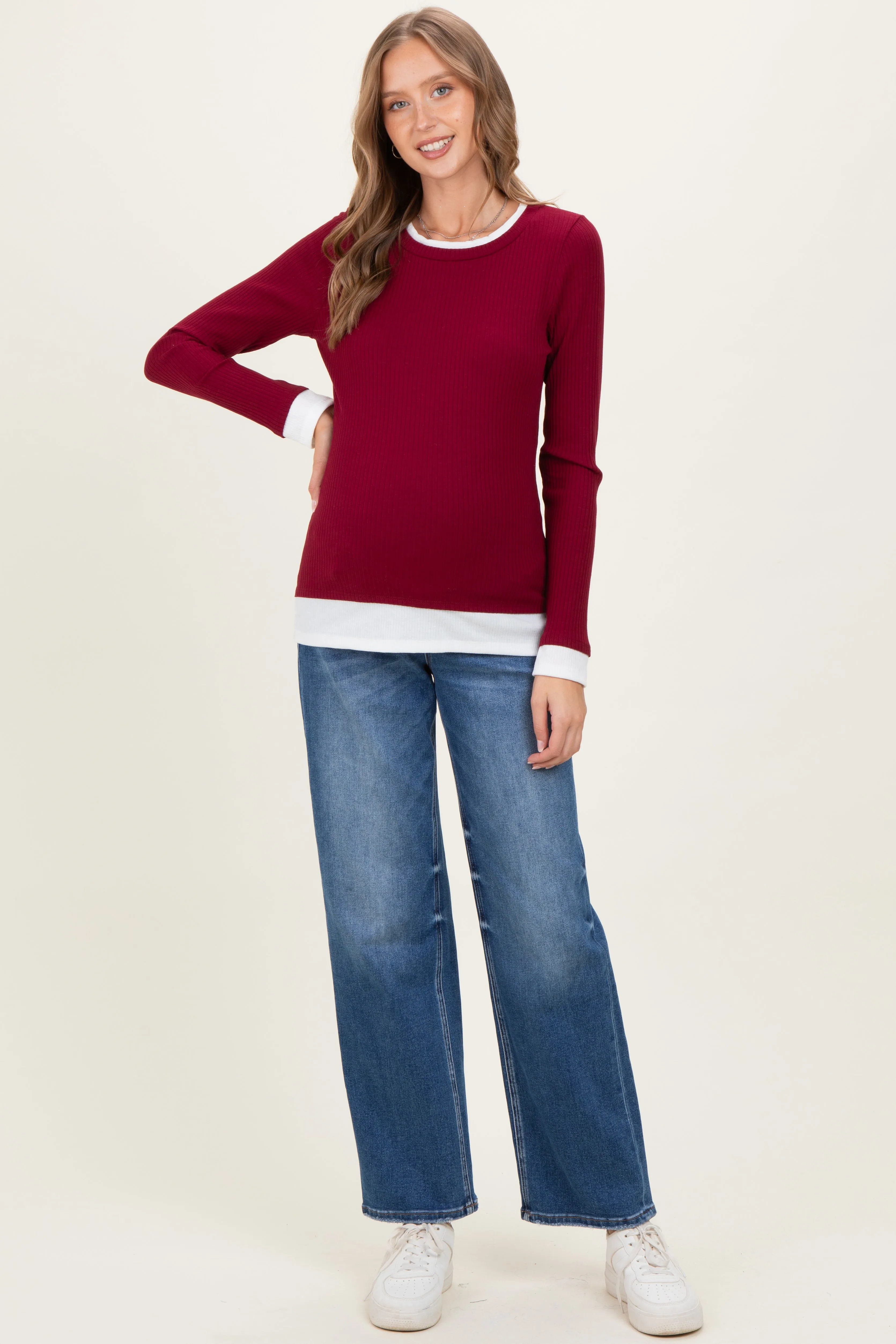 Burgundy Ribbed Long Sleeve Double Layer Maternity Top sold by Pinkblush product image thumbnail 2
