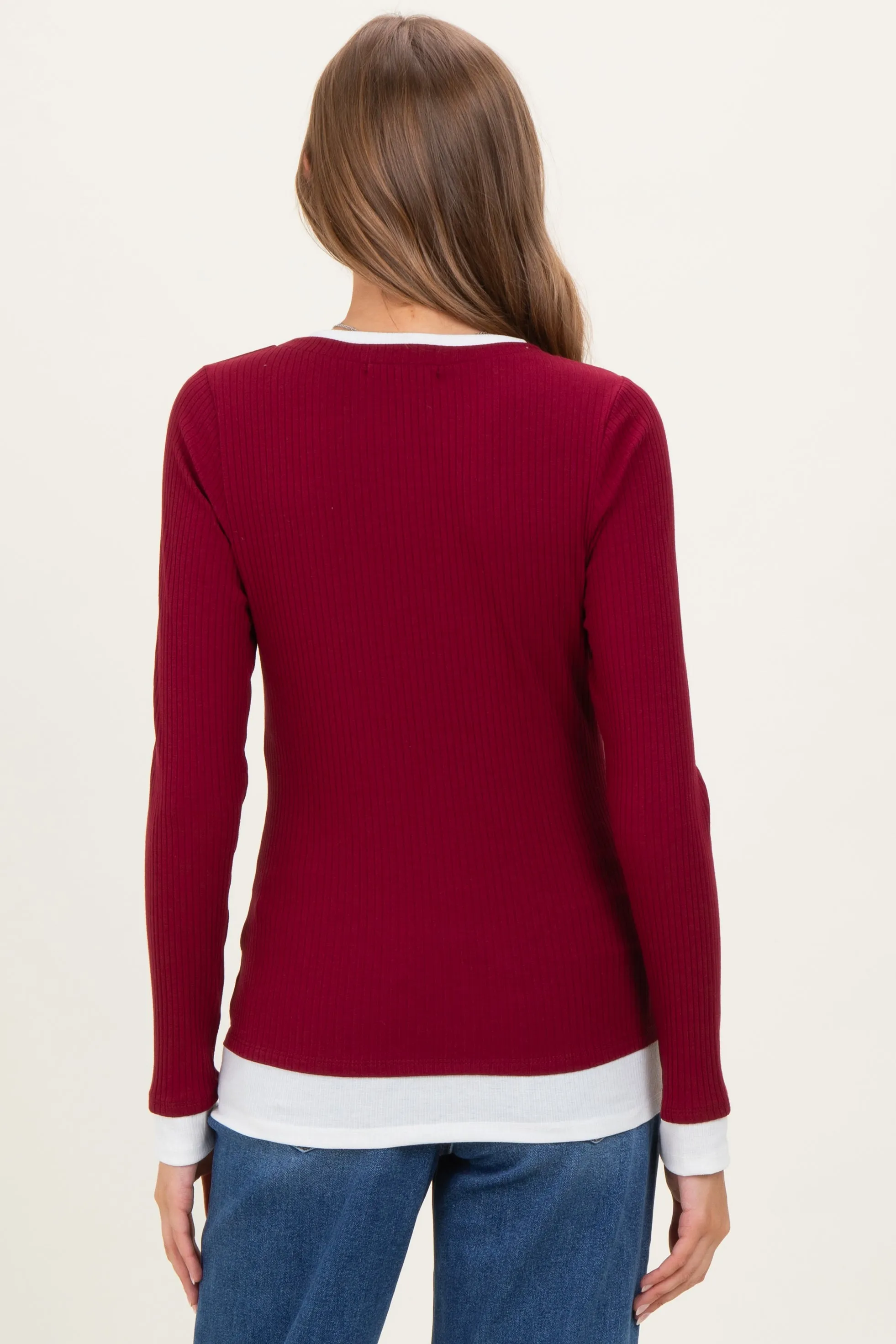 Burgundy Ribbed Long Sleeve Double Layer Maternity Top sold by Pinkblush product image thumbnail 4