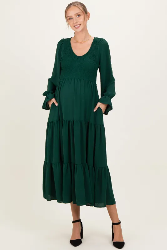 Forest Green Smocked Tiered Long Sleeve Maternity Maxi Dress sold by Pinkblush