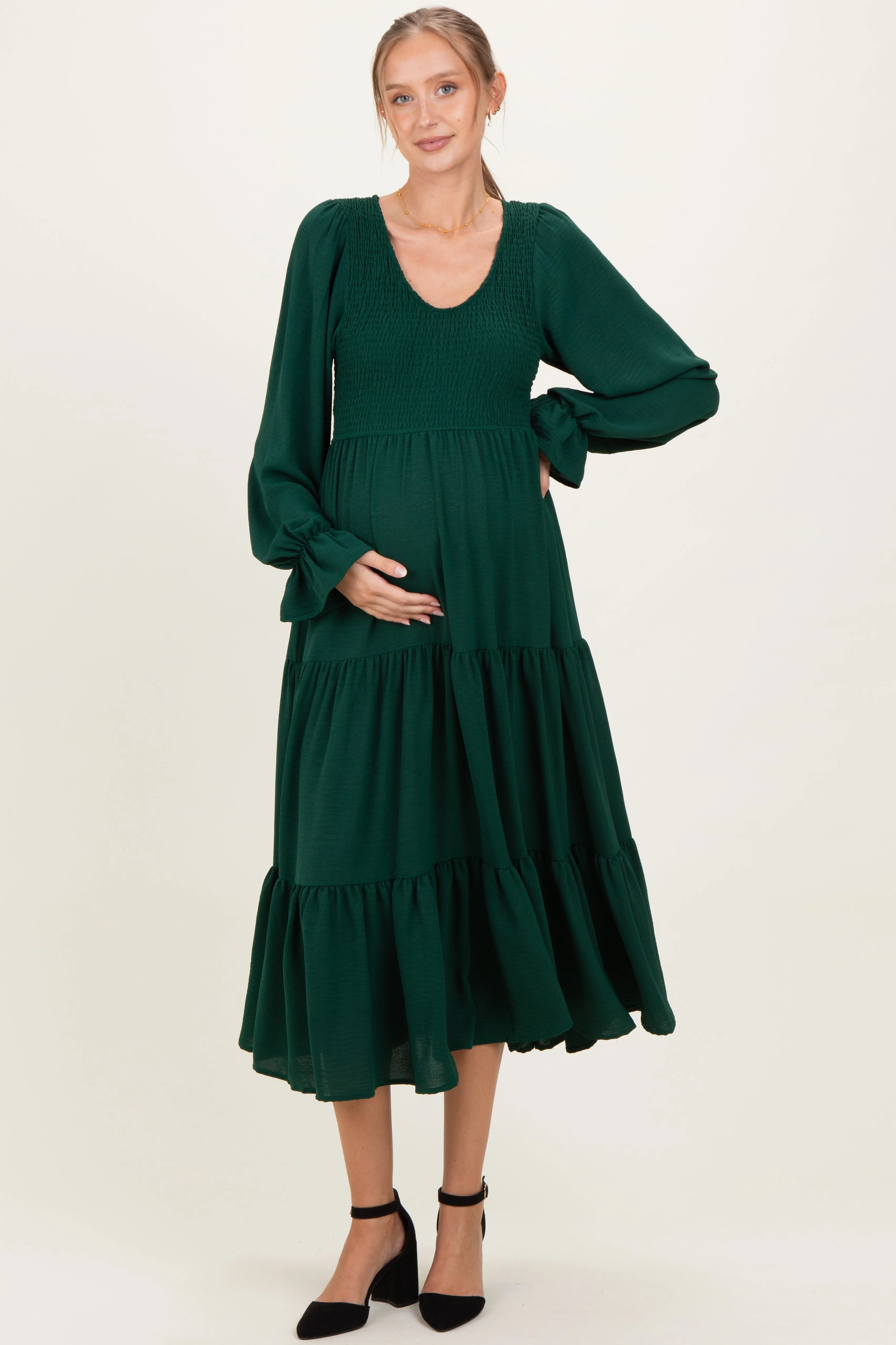 Forest Green Smocked Tiered Long Sleeve Maternity Maxi Dress sold by Pinkblush product image thumbnail 2