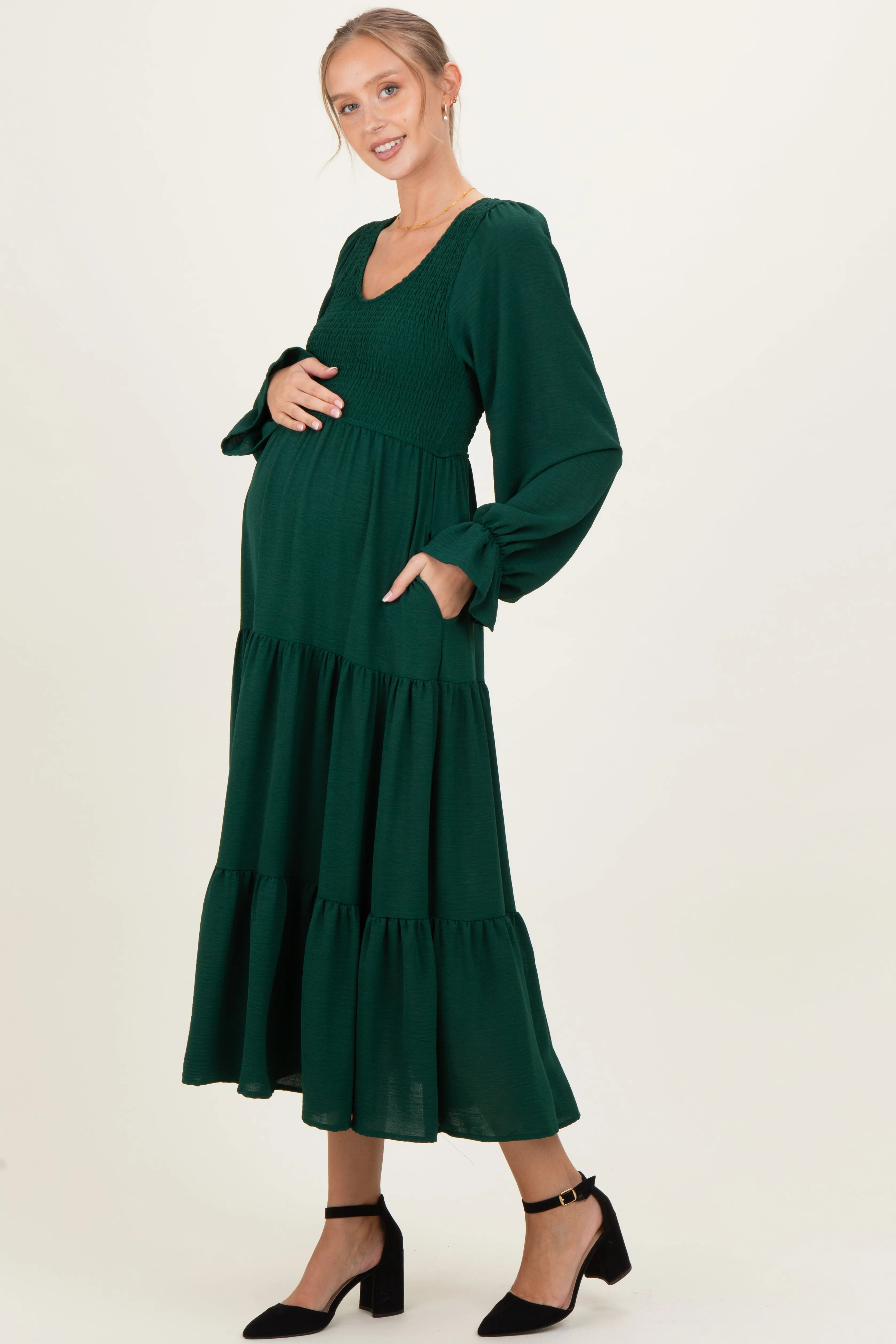 Forest Green Smocked Tiered Long Sleeve Maternity Maxi Dress sold by Pinkblush product image thumbnail 3