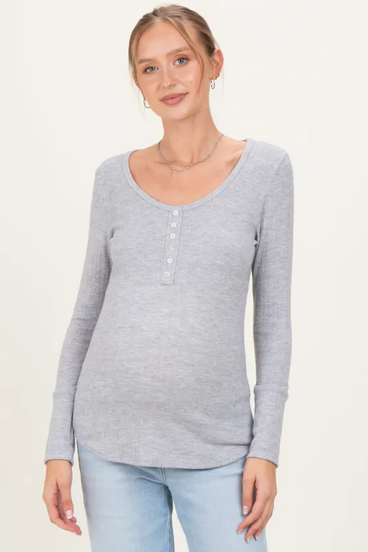 Heather Grey Pointelle Knit Maternity Henley Top sold by Pinkblush