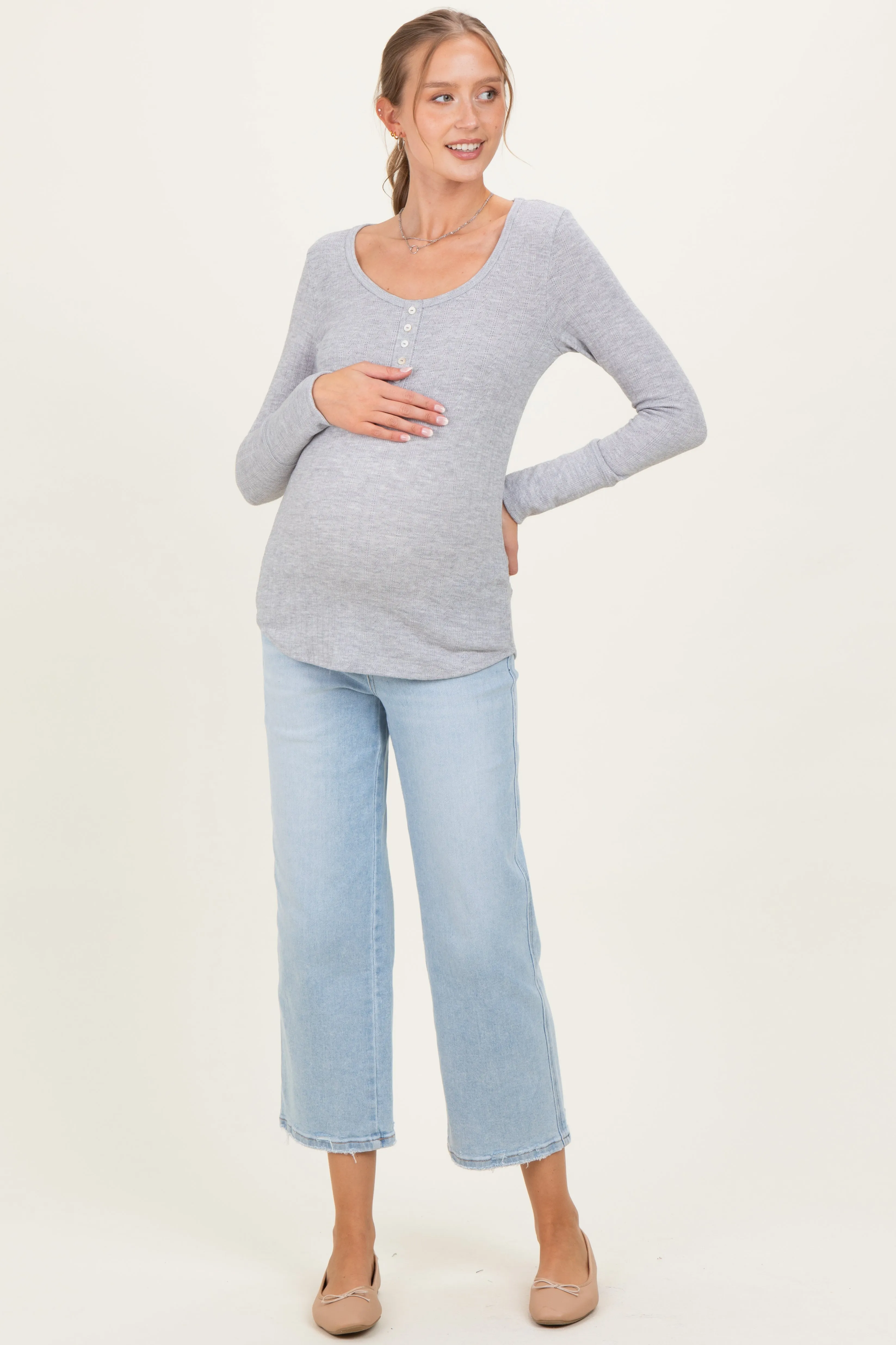 Heather Grey Pointelle Knit Maternity Henley Top sold by Pinkblush product image thumbnail 2
