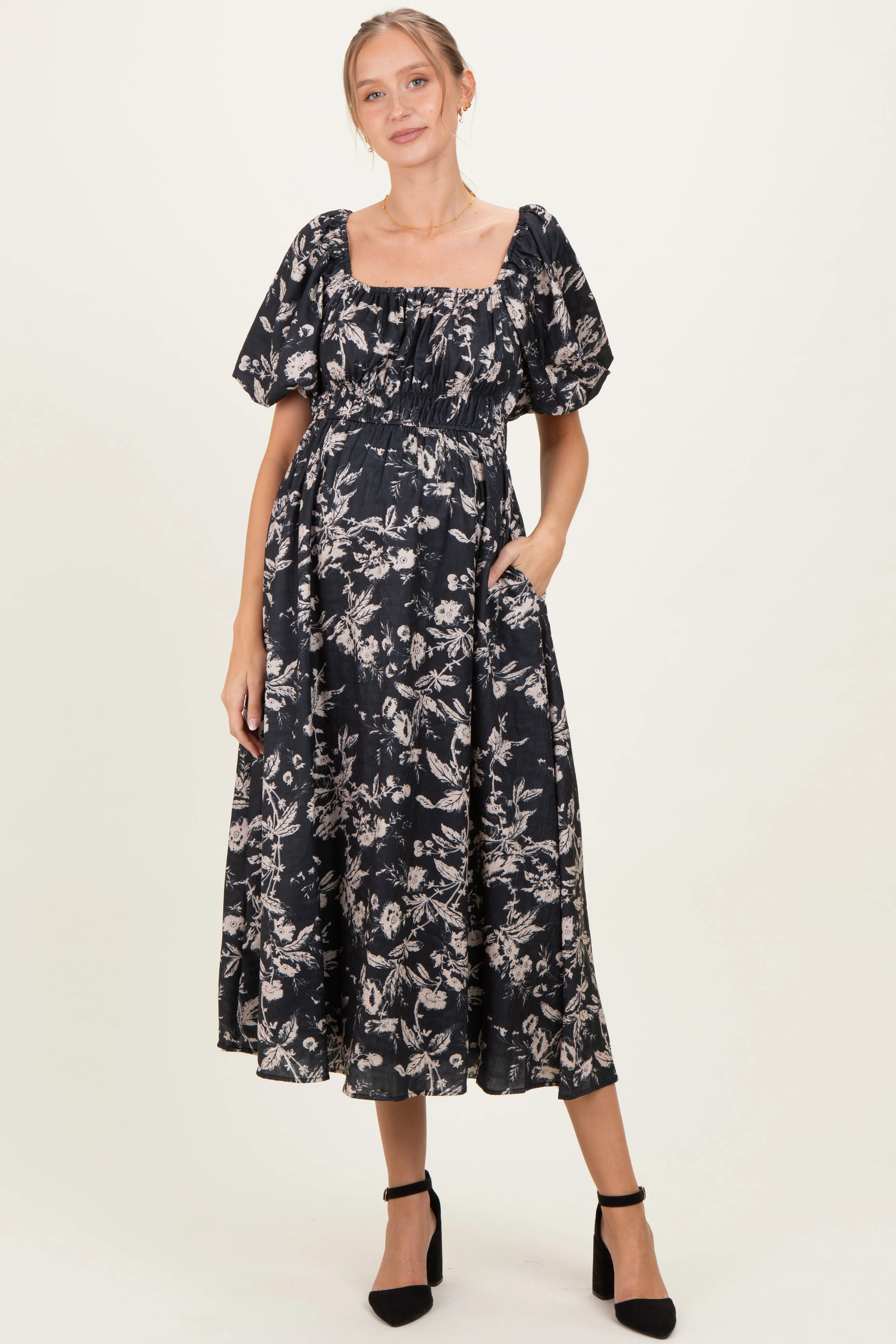 Black Floral Puff Sleeve Smocked Waist Maternity Midi Dress sold by Pinkblush
