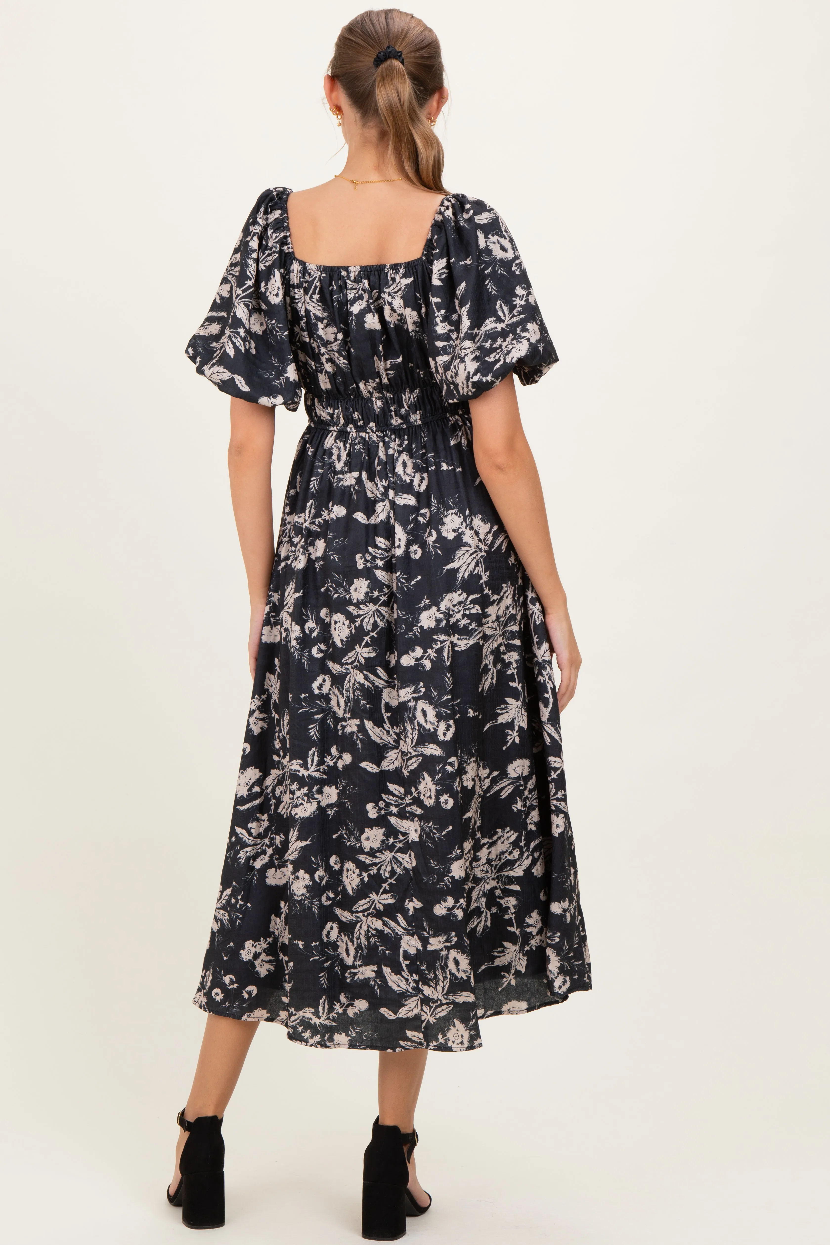 Black Floral Puff Sleeve Smocked Waist Maternity Midi Dress sold by Pinkblush product image thumbnail 3