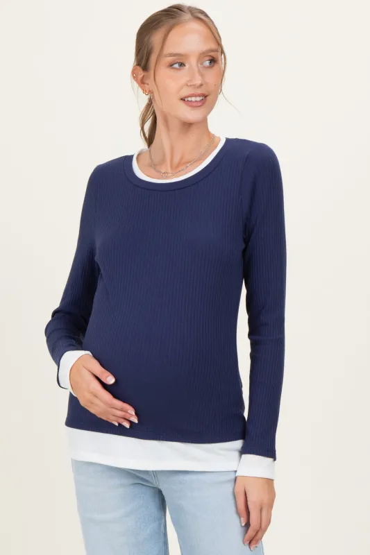 Navy Ribbed Long Sleeve Double Layer Maternity Top sold by Pinkblush