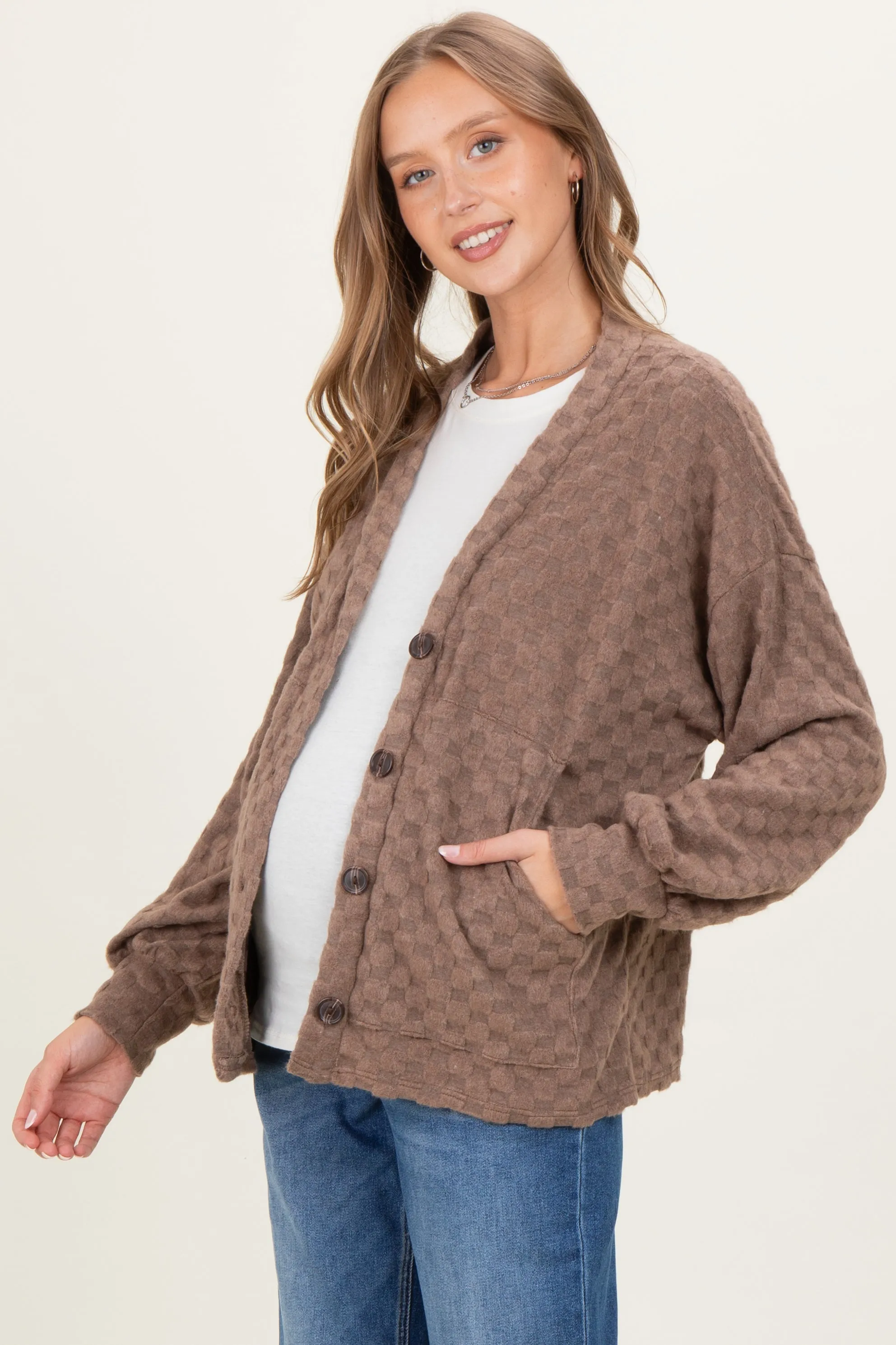 Mocha Checkered Knit Button Front Maternity Cardigan sold by Pinkblush product image thumbnail 3