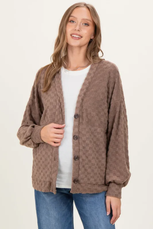 Mocha Checkered Knit Button Front Maternity Cardigan sold by Pinkblush