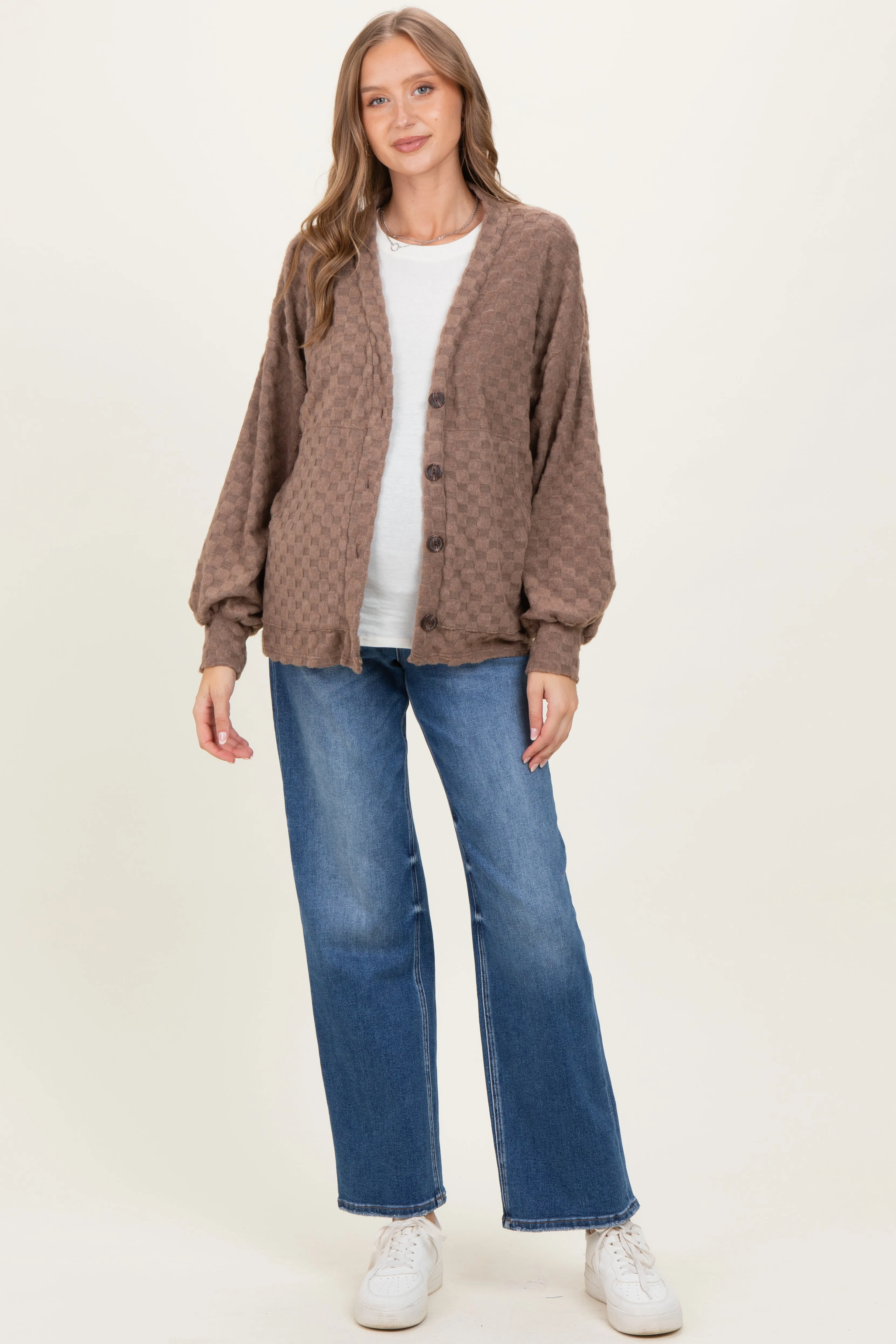 Mocha Checkered Knit Button Front Maternity Cardigan sold by Pinkblush product image thumbnail 2