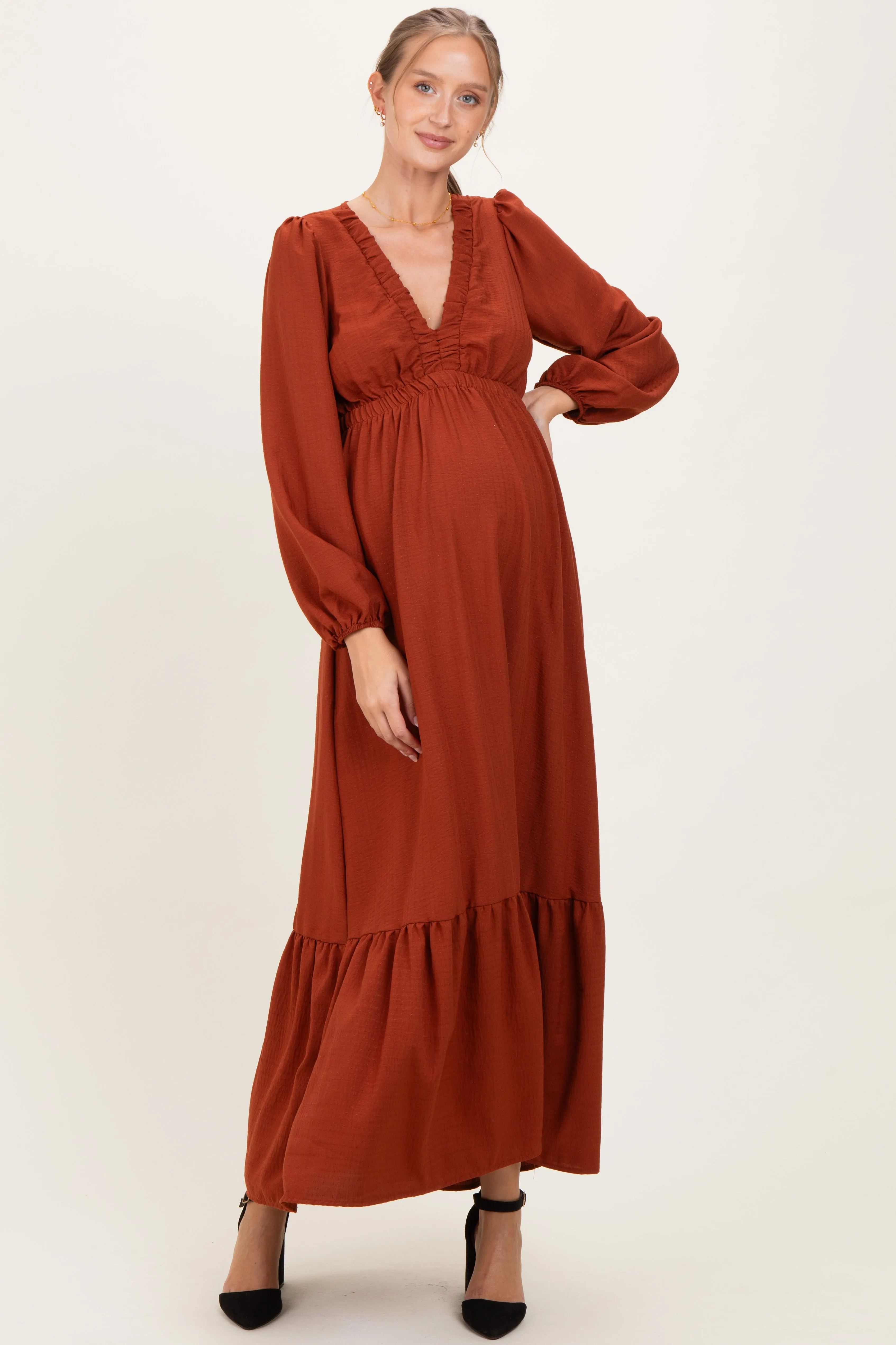 Rust Long Sleeve V-Neck Tiered Maternity Maxi Dress sold by Pinkblush product image thumbnail 2
