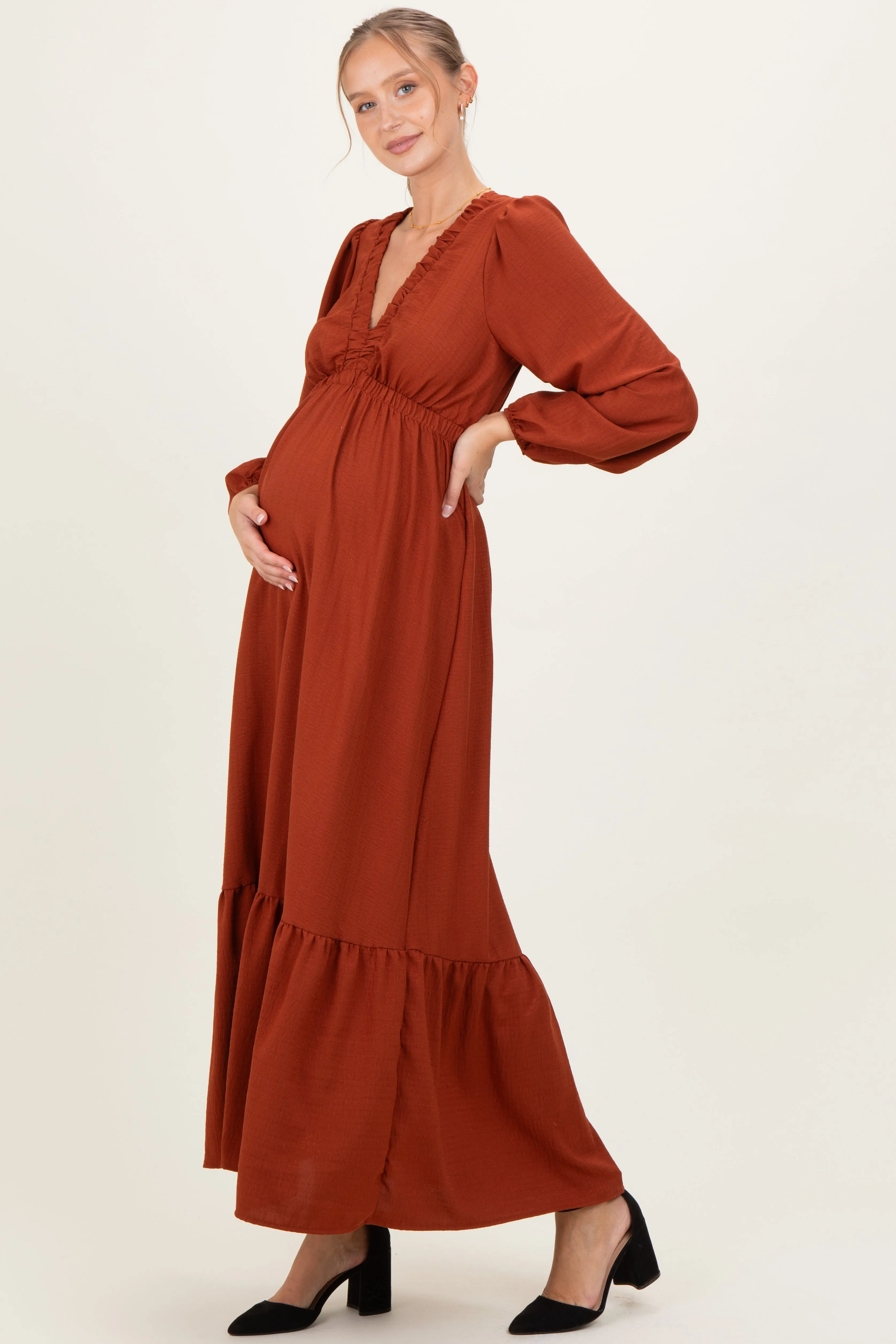 Rust Long Sleeve V-Neck Tiered Maternity Maxi Dress sold by Pinkblush product image thumbnail 3