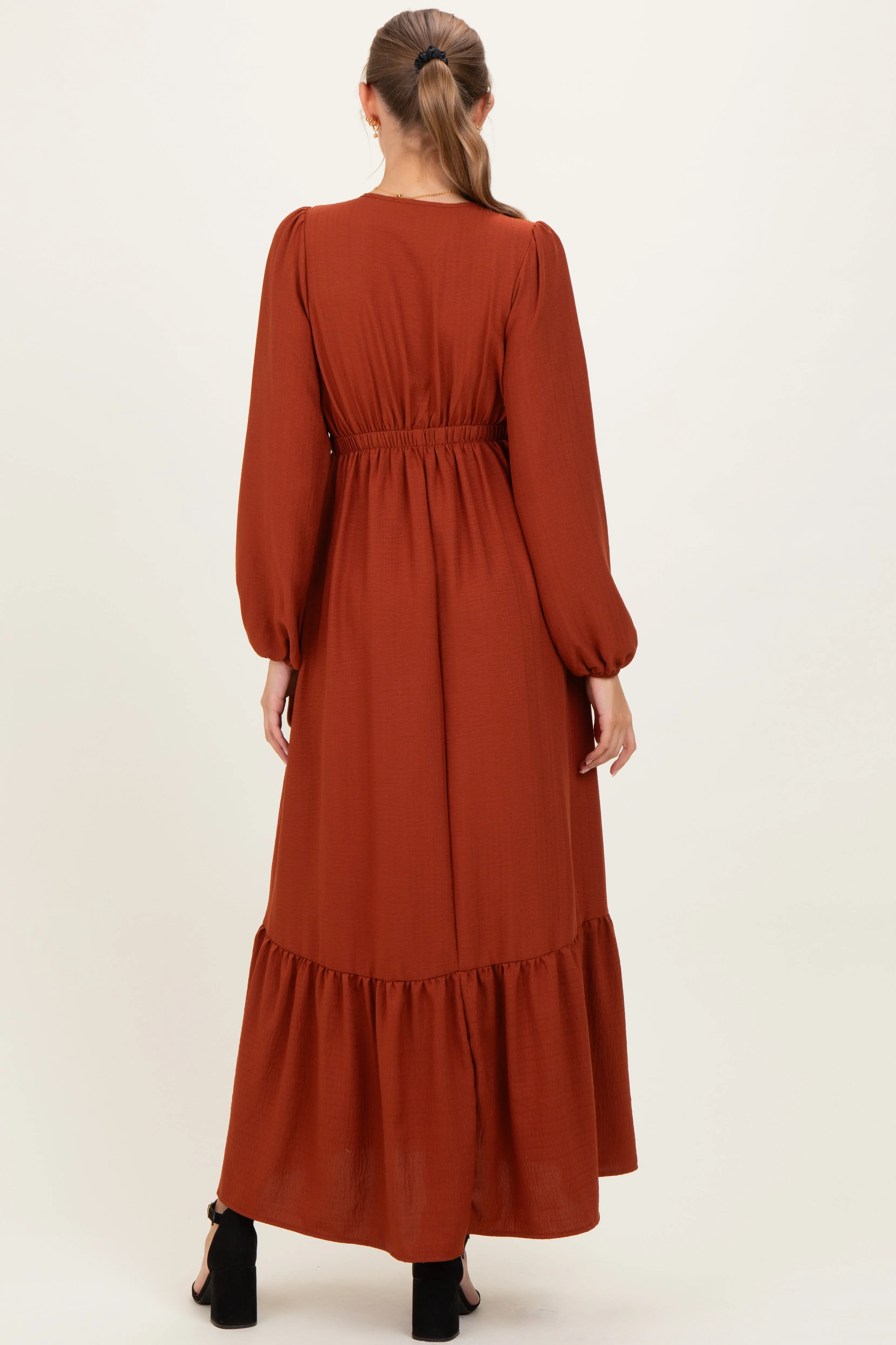 Rust Long Sleeve V-Neck Tiered Maternity Maxi Dress sold by Pinkblush product image thumbnail 4