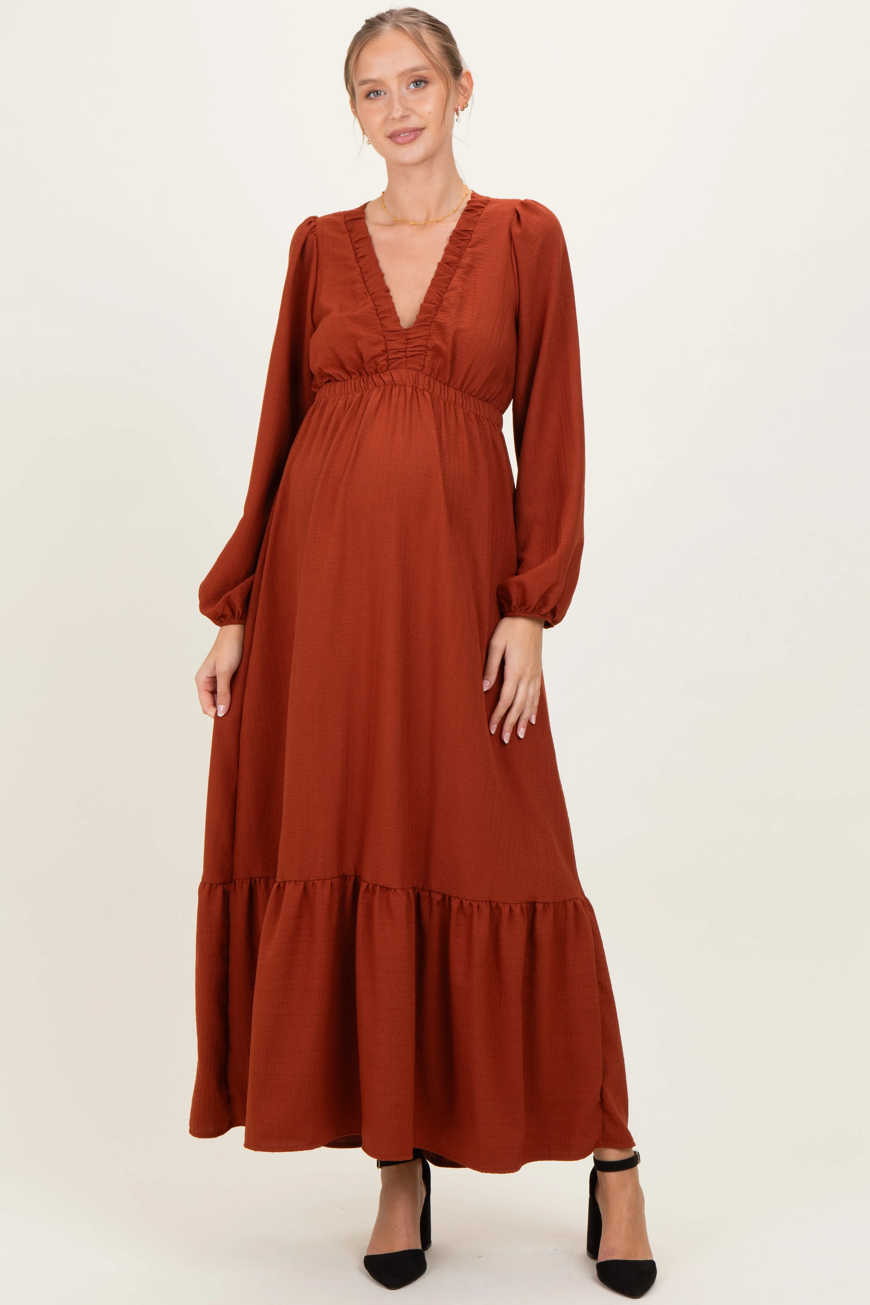 Rust Long Sleeve V-Neck Tiered Maternity Maxi Dress sold by Pinkblush